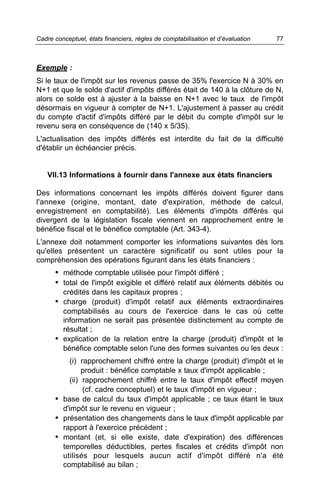 Cadre conceptuel, états financiers, règles de comptabilisation et d’évaluation   77



Exemple :
Si le taux de l'impôt sur les revenus passe de 35% l'exercice N à 30% en
N+1 et que le solde d'actif d'impôts différés était de 140 à la clôture de N,
alors ce solde est à ajuster à la baisse en N+1 avec le taux de l'impôt
désormais en vigueur à compter de N+1. L'ajustement à passer au crédit
du compte d'actif d'impôts différé par le débit du compte d'impôt sur le
revenu sera en conséquence de (140 x 5/35).
L'actualisation des impôts différés est interdite du fait de la difficulté
d'établir un échéancier précis.


    VII.13 Informations à fournir dans l'annexe aux états financiers

Des informations concernant les impôts différés doivent figurer dans
l'annexe (origine, montant, date d'expiration, méthode de calcul,
enregistrement en comptabilité). Les éléments d'impôts différés qui
divergent de la législation fiscale viennent en rapprochement entre le
bénéfice fiscal et le bénéfice comptable (Art. 343-4).
L'annexe doit notamment comporter les informations suivantes dès lors
qu'elles présentent un caractère significatif ou sont utiles pour la
compréhension des opérations figurant dans les états financiers :
      • méthode comptable utilisée pour l'impôt différé ;
      • total de l'impôt exigible et différé relatif aux éléments débités ou
         crédités dans les capitaux propres ;
      • charge (produit) d'impôt relatif aux éléments extraordinaires
        comptabilisés au cours de l'exercice dans le cas où cette
        information ne serait pas présentée distinctement au compte de
        résultat ;
      • explication de la relation entre la charge (produit) d'impôt et le
        bénéfice comptable selon l'une des formes suivantes ou les deux :
          (i) rapprochement chiffré entre la charge (produit) d'impôt et le
               produit : bénéfice comptable x taux d'impôt applicable ;
          (ii) rapprochement chiffré entre le taux d'impôt effectif moyen
               (cf. cadre conceptuel) et le taux d'impôt en vigueur ;
      • base de calcul du taux d'impôt applicable ; ce taux étant le taux
        d'impôt sur le revenu en vigueur ;
      • présentation des changements dans le taux d'impôt applicable par
        rapport à l'exercice précédent ;
      • montant (et, si elle existe, date d'expiration) des différences
        temporelles déductibles, pertes fiscales et crédits d'impôt non
        utilisés pour lesquels aucun actif d'impôt différé n'a été
        comptabilisé au bilan ;
 