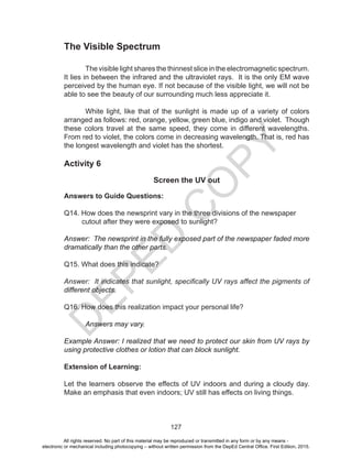 D
EPED
C
O
PY
127
The Visible Spectrum
The visible light shares the thinnest slice in the electromagnetic spectrum.
It lies in between the infrared and the ultraviolet rays. It is the only EM wave
perceived by the human eye. If not because of the visible light, we will not be
able to see the beauty of our surrounding much less appreciate it.
White light, like that of the sunlight is made up of a variety of colors
arranged as follows: red, orange, yellow, green blue, indigo and violet. Though
these colors travel at the same speed, they come in different wavelengths.
From red to violet, the colors come in decreasing wavelength. That is, red has
the longest wavelength and violet has the shortest.
Activity 6
Screen the UV out
Answers to Guide Questions:
Q14. How does the newsprint vary in the three divisions of the newspaper
cutout after they were exposed to sunlight?
Answer: The newsprint in the fully exposed part of the newspaper faded more
dramatically than the other parts.
Q15. What does this indicate?
Answer: It indicates that sunlight, specifically UV rays affect the pigments of
different objects.
Q16. How does this realization impact your personal life?
Answers may vary.
Example Answer: I realized that we need to protect our skin from UV rays by
using protective clothes or lotion that can block sunlight.
Extension of Learning:
Let the learners observe the effects of UV indoors and during a cloudy day.
Make an emphasis that even indoors; UV still has effects on living things.
All rights reserved. No part of this material may be reproduced or transmitted in any form or by any means -
electronic or mechanical including photocopying – without written permission from the DepEd Central Office. First Edition, 2015.
 