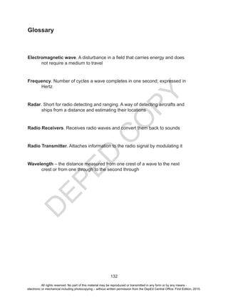 D
EPED
C
O
PY
132
Glossary
Electromagnetic wave. A disturbance in a field that carries energy and does
not require a medium to travel
Frequency. Number of cycles a wave completes in one second; expressed in
Hertz
Radar. Short for radio detecting and ranging. A way of detecting aircrafts and
ships from a distance and estimating their locations
Radio Receivers. Receives radio waves and convert them back to sounds
Radio Transmitter. Attaches information to the radio signal by modulating it
Wavelength – the distance measured from one crest of a wave to the next
crest or from one through to the second through
All rights reserved. No part of this material may be reproduced or transmitted in any form or by any means -
electronic or mechanical including photocopying – without written permission from the DepEd Central Office. First Edition, 2015.
 