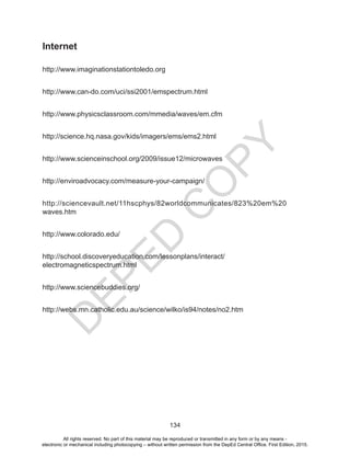 D
EPED
C
O
PY
134
Internet
http://www.imaginationstationtoledo.org
http://www.can-do.com/uci/ssi2001/emspectrum.html
http://www.physicsclassroom.com/mmedia/waves/em.cfm
http://science.hq.nasa.gov/kids/imagers/ems/ems2.html
http://www.scienceinschool.org/2009/issue12/microwaves
http://enviroadvocacy.com/measure-your-campaign/
http://sciencevault.net/11hscphys/82worldcommunicates/823%20em%20
waves.htm
http://www.colorado.edu/
http://school.discoveryeducation.com/lessonplans/interact/
electromagneticspectrum.html
http://www.sciencebuddies.org/
http://webs.mn.catholic.edu.au/science/wilko/is94/notes/no2.htm
All rights reserved. No part of this material may be reproduced or transmitted in any form or by any means -
electronic or mechanical including photocopying – without written permission from the DepEd Central Office. First Edition, 2015.
 