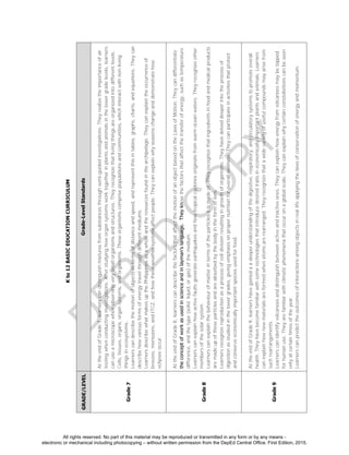 D
EPED
C
O
PY
Kto12BASICEDUCATIONCURRICULUM
GRADE/LEVELGrade-LevelStandards
Grade7
AttheendofGrade7,learnerscandistinguishmixturesfromsubstancesthroughsemi-guidedinvestigations.Theyrealizetheimportanceofair
testingwhenconductinginvestigations.Afterstudyinghoworgansystemsworktogetherinplantsandanimalsinthelowergradelevels,learners
canuseamicroscopewhenobservingverysmallorganismsandstructures.Theyrecognizethatlivingthingsareorganizedintodifferentlevels:
Cells,tissues,organs,organsystems,andorganisms.Theseorganismscomprisepopulationsandcommunities,whichinteractwithnon-living
thingsinecosystems.
Learnerscandescribethemotionofobjectsintermsofdistanceandspeed,andrepresentthisintables,graphs,charts,andequations.Theycan
describehowvariousformsofenergytravelthroughdifferentmediums.
LearnersdescribewhatmakesupthePhilippinesasawholeandtheresourcesfoundinthearchipelago.Theycanexplaintheoccurrenceof
breezes,monsoons,andITCZ,andhowtheseweathersystemsaffectpeople.Theycanexplainwhyseasonschangeanddemonstratehow
eclipsesoccur.
Grade8
AttheendofGrade8,learnerscandescribethefactorsthataffectthemotionofanobjectbasedontheLawsofMotion.Theycandifferentiate
theconceptofworkasusedinscienceandinlayman’slanguage.Theyknowthefactorsthataffectthetransferofenergy,suchastemperature
difference,andthetype(solid,liquid,orgas)ofthemedium.
Learnerscanexplainhowactivefaultsgenerateearthquakesandhowtropicalcyclonesoriginatefromwarmoceanwaters.Theyrecognizeother
membersofthesolarsystem.
Learnerscanexplainthebehaviourofmatterintermsoftheparticlesitismadeof.Theyrecognizethatingredientsinfoodandmedicalproducts
aremadeupoftheseparticlesandareabsorbedbythebodyintheformofions.
Learnersrecognizereproductionasaprocessofcelldivisionresultingingrowthoforganisms.Theyhavedelveddeeperintotheprocessof
digestionasstudiedinthelowergrades,givingemphasisonpropernutritionforoverallwellness.Theycanparticipateinactivitiesthatprotect
andconserveeconomicallyimportantspeciesusedforfood.
Grade9
AttheendofGrade9,learnershavegainedaadeeperunderstandingofthedigestive,respiratory,andcirculatorysystemstopromoteoverall
health.Theyhavebecomefamiliarwithsometechnologiesthatintroducedesiredtraitsineconomicallyimportantplantsandanimals.Learners
canexplainhownewmaterialsareformedwhenatomsarerearranged.Theyrecognizethatawidevarietyofusefulcompoundsmayarisefrom
suchrearrangements.
Learnerscanidentifyvolcanoesanddistinguishbetweenactiveandinactiveones.Theycanexplainhowenergyfromvolcanoesmaybetapped
forhumanuse.Theyarefamiliarwithclimaticphenomenathatoccuronaglobalscale.Theycanexplainwhycertainconstellationscanbeseen
onlyatcertaintimesoftheyear.
Learnerscanpredicttheoutcomesofinteractionsamongobjectsinreallifeapplyingthelawsofconservationofenergyandmomentum.
All rights reserved. No part of this material may be reproduced or transmitted in any form or by any means -
electronic or mechanical including photocopying – without written permission from the DepEd Central Office. First Edition, 2015.
 