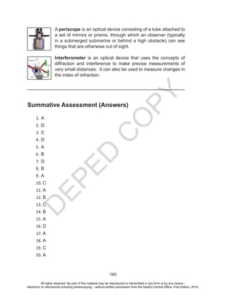 D
EPED
C
O
PY
160
A periscope is an optical device consisting of a tube attached to
a set of mirrors or prisms, through which an observer (typically
in a submerged submarine or behind a high obstacle) can see
things that are otherwise out of sight.
Interferometer is an optical device that uses the concepts of
diffraction and interference to make precise measurements of
very small distances. It can also be used to measure changes in
the index of refraction.
Summative Assessment (Answers)
1. A
2. D
3. C
4. D
5. A
6. B
7. D
8. B
9. A
10. C
11. A
12. B
13. C
14. B
15. A
16. D
17. A
18. A
19. C
20. A
All rights reserved. No part of this material may be reproduced or transmitted in any form or by any means -
electronic or mechanical including photocopying – without written permission from the DepEd Central Office. First Edition, 2015.
 