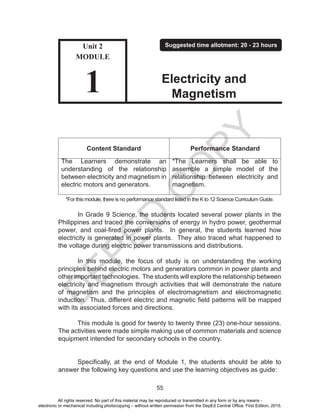 D
EPED
C
O
PY
55
Content Standard Performance Standard
The Learners demonstrate an
understanding of the relationship
between electricity and magnetism in
electric motors and generators.
*The Learners shall be able to
assemble a simple model of the
relationship between electricity and
magnetism.
*For this module, there is no performance standard listed in the K to 12 Science Curriculum Guide.
In Grade 9 Science, the students located several power plants in the
Philippines and traced the conversions of energy in hydro power, geothermal
power, and coal-fired power plants. In general, the students learned how
electricity is generated in power plants. They also traced what happened to
the voltage during electric power transmissions and distributions.
In this module, the focus of study is on understanding the working
principles behind electric motors and generators common in power plants and
other important technologies. The students will explore the relationship between
electricity and magnetism through activities that will demonstrate the nature
of magnetism and the principles of electromagnetism and electromagnetic
induction. Thus, different electric and magnetic field patterns will be mapped
with its associated forces and directions.
This module is good for twenty to twenty three (23) one-hour sessions.
The activities were made simple making use of common materials and science
equipment intended for secondary schools in the country.
Specifically, at the end of Module 1, the students should be able to
answer the following key questions and use the learning objectives as guide:
Unit 2
MODULE
1
Suggested time allotment: 20 - 23 hours
Electricity and
Magnetism
All rights reserved. No part of this material may be reproduced or transmitted in any form or by any means -
electronic or mechanical including photocopying – without written permission from the DepEd Central Office. First Edition, 2015.
 