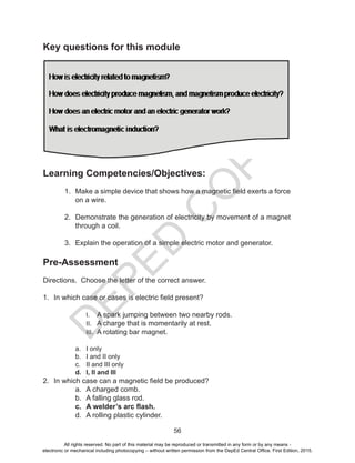 D
EPED
C
O
PY
56
Key questions for this module
Learning Competencies/Objectives:
1. Make a simple device that shows how a magnetic field exerts a force
on a wire.
2. Demonstrate the generation of electricity by movement of a magnet
through a coil.
3. Explain the operation of a simple electric motor and generator.
Pre-Assessment
Directions. Choose the letter of the correct answer.
1. In which case or cases is electric field present?
I. A spark jumping between two nearby rods.
II. A charge that is momentarily at rest.
III. A rotating bar magnet.
a. I only
b. I and II only
c. II and III only
d. I, II and III
2. In which case can a magnetic field be produced?
a. A charged comb.
b. A falling glass rod.
c. A welder’s arc flash.
d. A rolling plastic cylinder.
All rights reserved. No part of this material may be reproduced or transmitted in any form or by any means -
electronic or mechanical including photocopying – without written permission from the DepEd Central Office. First Edition, 2015.
 