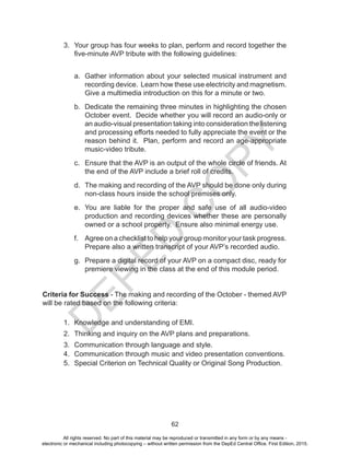 D
EPED
C
O
PY
62
3. Your group has four weeks to plan, perform and record together the
five-minute AVP tribute with the following guidelines:
a. Gather information about your selected musical instrument and
recording device. Learn how these use electricity and magnetism.
Give a multimedia introduction on this for a minute or two.
b. Dedicate the remaining three minutes in highlighting the chosen
October event. Decide whether you will record an audio-only or
an audio-visual presentation taking into consideration the listening
and processing efforts needed to fully appreciate the event or the
reason behind it. Plan, perform and record an age-appropriate
music-video tribute.
c. Ensure that the AVP is an output of the whole circle of friends. At
the end of the AVP include a brief roll of credits.
d. The making and recording of the AVP should be done only during
non-class hours inside the school premises only.
e. You are liable for the proper and safe use of all audio-video
production and recording devices whether these are personally
owned or a school property. Ensure also minimal energy use.
f. Agree on a checklist to help your group monitor your task progress.
Prepare also a written transcript of your AVP’s recorded audio.
g. Prepare a digital record of your AVP on a compact disc, ready for
premiere viewing in the class at the end of this module period.
Criteria for Success - The making and recording of the October - themed AVP
will be rated based on the following criteria:
1. Knowledge and understanding of EMI.
2. Thinking and inquiry on the AVP plans and preparations.
3. Communication through language and style.
4. Communication through music and video presentation conventions.
5. Special Criterion on Technical Quality or Original Song Production.
All rights reserved. No part of this material may be reproduced or transmitted in any form or by any means -
electronic or mechanical including photocopying – without written permission from the DepEd Central Office. First Edition, 2015.
 