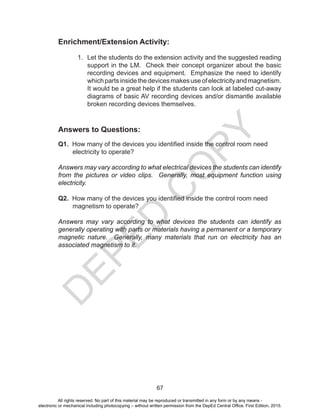 D
EPED
C
O
PY
67
Enrichment/Extension Activity:
1. Let the students do the extension activity and the suggested reading
support in the LM. Check their concept organizer about the basic
recording devices and equipment. Emphasize the need to identify
whichpartsinsidethedevicesmakesuseofelectricityandmagnetism.
It would be a great help if the students can look at labeled cut-away
diagrams of basic AV recording devices and/or dismantle available
broken recording devices themselves.
Answers to Questions:
Q1. How many of the devices you identified inside the control room need
electricity to operate?
Answers may vary according to what electrical devices the students can identify
from the pictures or video clips. Generally, most equipment function using
electricity.
Q2. How many of the devices you identified inside the control room need
magnetism to operate?
Answers may vary according to what devices the students can identify as
generally operating with parts or materials having a permanent or a temporary
magnetic nature. Generally, many materials that run on electricity has an
associated magnetism to it.
All rights reserved. No part of this material may be reproduced or transmitted in any form or by any means -
electronic or mechanical including photocopying – without written permission from the DepEd Central Office. First Edition, 2015.
 