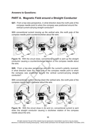 D
EPED
C
O
PY
96
Answers to Questions:
PART A. Magnetic Field around a Straight Conductor
Q27. From a top-view perspective, in what direction does the north pole of the
compass needle point to when the compass was positioned around the
vertical current-carrying straight conductor?
With conventional current moving up the vertical wire, the north pole of the
compass needle point counterclockwise about the wire.
Figure 15. With the circuit close, conventional current is sent up the straight
conductor causing a counterclockwise rotation of the compass needle about
the wire.
Q28. From a top-view perspective and with the current’s polarity reversed,
in what direction does the north pole of the compass needle point to when
the compass was positioned around the vertical current-carrying straight
conductor?
With conventional current moving down the vertical wire, the north pole of the
compass needle point clockwise about the wire.
Figure 16. With the circuit close in (b) and (c), conventional current is sent
down the straight conductor causing a clockwise rotation of the compass
needle about the wire.
All rights reserved. No part of this material may be reproduced or transmitted in any form or by any means -
electronic or mechanical including photocopying – without written permission from the DepEd Central Office. First Edition, 2015.
 