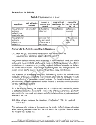 D
EPED
C
O
PY
106
Sample Data for Activity 11:
Table 8. Inducing current in a coil
condition
coil without a
magnet
magnet is
moving into
the coil
magnet is at
rest inside the
coil
magnet is
moving out of
the coil
Galvanometer
pointer’s
deflection or
non-deflection
No deflection Deflection is
observed
No deflection Deflection is
observed
Galvanometer
pointer’s
direction of
deflection
- sideward from
the zero point
of the scale at
the center
- to the opposite
side of the
scale
Answers to the Activities and Guide Questions:
Q47. How will you explain the deflection or non-deflection of the
galvanometer pointer as observed in the activity?
The pointer deflects when current is induced in a closed circuit conductor within
a changing magnetic field. A changing magnetic field is produced when there
is relative motion between a source of a magnetic field and a conductor; it does
not matter which moves. This change in the magnetic field strength in the coil
region occurs as the magnet is moved towards or away from the coil.
The absence of a changing magnetic field cutting across the closed circuit
conductor or the absence of the field’s motion relative to the conductor results
to non-deflection of the galvanometer’s pointer. On the other hand, the mere
presence of a magnetic field that is at rest relative to a closed circuit conductor
will also not induce current.
So in the activity, moving the magnet into or out of the coil, caused the pointer
to deflect during either movement. The needle of the galvanometer gradually
returned to the zero mark and stayed undeflected when the magnet was at rest
relative to the coil.
Q48. How will you compare the directions of deflection? Why do you think
this is so?
The galvanometer pointer at the center of the scale, deflects in one direction
when the magnet was moved into the coil and in the opposite direction when
the magnet was pulled out.
All rights reserved. No part of this material may be reproduced or transmitted in any form or by any means -
electronic or mechanical including photocopying – without written permission from the DepEd Central Office. First Edition, 2015.
 