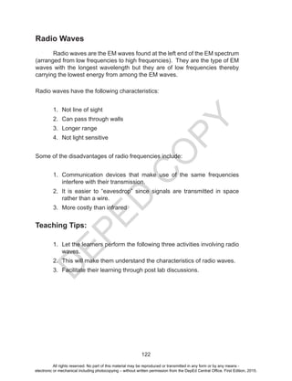 D
EPED
C
O
PY
122
Radio Waves
Radio waves are the EM waves found at the left end of the EM spectrum
(arranged from low frequencies to high frequencies). They are the type of EM
waves with the longest wavelength but they are of low frequencies thereby
carrying the lowest energy from among the EM waves.
Radio waves have the following characteristics:
1. Not line of sight
2. Can pass through walls
3. Longer range
4. Not light sensitive
Some of the disadvantages of radio frequencies include:
1. Communication devices that make use of the same frequencies
interfere with their transmission.
2. It is easier to “eavesdrop” since signals are transmitted in space
rather than a wire.
3. More costly than infrared
Teaching Tips:
1. Let the learners perform the following three activities involving radio
waves.
2. This will make them understand the characteristics of radio waves.
3. Facilitate their learning through post lab discussions.
All rights reserved. No part of this material may be reproduced or transmitted in any form or by any means -
electronic or mechanical including photocopying – without written permission from the DepEd Central Office. First Edition, 2015.
 