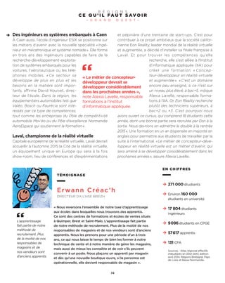 Des ingénieurs es systèmes embarqués à Caen
À Caen aussi, l’école d’ingénieur ESIX se positionne sur
les métiers d’avenir avec la nouvelle spécialité «Ingé-
nieur en mécatronique et système nomade». Elle forme
en trois ans des ingénieurs capables de faire de la
recherche-développement-exploita-
tion de systèmes embarqués pour les
voitures, l’aéronautique ou les télé-
phones mobiles. « Ce secteur se
développe de plus en plus et les
besoins en la matière sont impor-
tants, affirme David Houivet, direc-
teur de l’école. Dans la région, les
équipementiers automobiles tels que
Valéo, Bosch ou Faurécia sont inté-
ressés par ce type de compétences,
tout comme les entreprises du Pôle de compétitivité
automobile Mov’éo ou du Pôle d’excellence Normandie
AeroEspace qui soutiennent la formation».
Laval, championne de la réalité virtuelle
Capitale européenne de la réalité virtuelle, Laval devrait
accueillir à l’automne 2015 la Cité de la réalité virtuelle,
un équipement unique en Europe qui sera à la fois
show-room, lieu de conférences et d’expérimentations
et pépinière d’une trentaine de start-ups. C’est pour
contribuer à ce projet ambitieux que la société califor-
nienne Eon Reality, leader mondial de la réalité virtuelle
et augmentée, a décidé d’installer sa filiale française à
Laval. Et pour trouver les compétences qu’elle
recherche, elle s’est alliée à l’Institut
d’informatique appliquée (IIA) pour
créer une formation « Concep-
teur-développeur en réalité virtuelle
et augmentée». «C’est un domaine
encore peu enseigné, si ce n’est sur
un niveau plus élevé, à bac+5, indique
Alexia Lavelle, responsable forma-
tions à l’IIA. Or, Eon Reality recherche
plutôt des techniciens supérieurs, à
bac+2 ou +3. C’est pourquoi nous
avons ouvert ce cursus, qui comprend 18 étudiants cette
année, dont une bonne partie sera recrutée par Eon à la
sortie. Nous devrions en admettre le double à la rentrée
2015». Une formation en un an dispensée en majorité en
anglais pour permettre aux étudiants de travailler par la
suite à l’international. «Le métier de concepteur-déve-
loppeur en réalité virtuelle est un métier d’avenir, qui
sera amené à se développer considérablement dans les
prochaines années», assure Alexia Lavelle.
C E Q U ’ I L FA U T S AV O I R
– G R A N D O U E S T –
R É G I O N S
74
TÉMOIGNAGE
Erwann Créac’h
DIRECTEUR D’A L’AISE BREIZH
« Nous reversons l’ensemble de notre taxe d’apprentissage
aux écoles dans lesquelles nous trouvons des apprentis.
Ce sont des centres de formations et écoles de ventes situés
à Quimper, Brest et Saint-Malo. L’apprentissage fait partie
de notre méthode de recrutement. Plus de la moitié de nos
responsables de magasins et de nos vendeurs sont d’anciens
apprentis. Nous les prenons pour une période d’un à trois
ans, ce qui nous laisse le temps de bien les former à notre
technique de vente et à notre manière de gérer les magasins,
mais aussi de mieux les connaître et de voir s’ils peuvent
convenir à un poste. Nous plaçons un apprenti par magasin
et dès qu’une nouvelle boutique ouvre, si la personne est
opérationnelle, elle devient responsable de magasin ».
L’apprentissage
fait partie de notre
méthode de
recrutement. Plus
de la moitié de nos
responsables de
magasins et de
nos vendeurs sont
d’anciens apprentis.
EN CHIFFRES
271 000 étudiants
Environ 160 000
étudiants en université
17 804 étudiants
ingénieurs
9096 étudiants en CPGE
57617 apprentis
131 CFA
Sources : Atlas régional effectifs
d’étudiants en 2012-2013, édition
avril 2014. Régions Bretagne, Pays
de Loire et Basse-Normandie.
« Le métier de concepteur-
développeur devrait se
développer considérablement
dans les prochaines années »,
note Alexia Lavelle, responsable
formations à l’Institut
d’informatique appliquée.
 