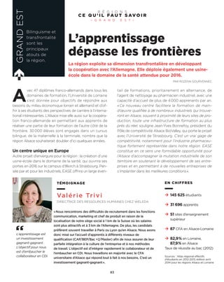 L’apprentissage
dépasse les frontières
A
vec 47 diplômes franco-allemands dans tous les
domaines de formation, l’Université de Lorraine
s’est donnée pour objectifs de répondre aux
besoins du milieu économique lorrain et allemand et d’of-
frir à ses étudiants des perspectives de carrière à l’interna-
tional intéressantes. L’Alsace mise elle aussi sur la coopéra-
tion franco-allemande en permettant aux apprentis de
réaliser une partie de leur formation de l’autre côté de la
frontière. 30000 élèves sont engagés dans un cursus
bilingue, de la maternelle à la terminale, nombre que la
région Alsace souhaiterait doubler d’ici quelques années.
Un centre unique en Europe
Autre projet d’envergure pour la région : la création d’une
usine-école dans le domaine de la santé, qui ouvrira ses
portes en 2016 sur le campus d’Illkirch à Strasbourg. Pen-
sée par et pour les industriels, EASE offrira un large éven-
La région exploite sa dimension transfrontalière en développant
la coopération avec l’Allemagne. Elle déploie également une usine-
école dans le domaine de la santé attendue pour 2016.
PAR ROZENN GOURVENNEC
GRANDEST
Bilinguisme et
transfrontalité
sont les
principaux
atouts de
la région.
tail de formations, prioritairement en alternance, de
l’agent de nettoyage au pharmacien industriel, avec une
capacité d’accueil de plus de 4000 apprenants par an.
« Ce nouveau centre facilitera la formation de main-
d’œuvre qualifiée à de nombreux industriels qui trouve-
ront en Alsace, souvent à proximité de leurs sites de pro-
duction, toute une infrastructure de formation au plus
près du réel, souligne Jean-Yves Bonnefoy, président du
Pôle de compétitivité Alsace BioValley, qui porte le projet
avec l’Université de Strasbourg. C’est un vrai gage de
compétitivité, notamment pour l’industrie pharmaceu-
tique fortement représentée dans notre région. EASE
constitue en ce sens une formidable opportunité pour
l’Alsace d’accompagner la mutation industrielle de son
territoire en soutenant le développement de ses entre-
prises et en permettant à de nouvelles entreprises de
s’implanter dans les meilleures conditions».
C E Q U ’ I L FA U T S AV O I R
– G R A N D E S T –
R É G I O N S
83
TÉMOIGNAGE
Valérie Trivi
DIRECTRICE DES RESSOURCES HUMAINES CHEZ WELEDA
«Nous rencontrons des difficultés de recrutement dans les fonctions
communication, marketing et chef de produit en raison de la
localisation de notre siège social à 1 km de la Suisse où les salaires
sont plus attractifs et à 3 km de l’Allemagne. De plus, les candidats
préfèrent souvent travailler à Paris ou Lyon qu’en Alsace. Nous avons
donc misé sur l’accueil d’apprentis à différents niveaux de
qualification (CAP/BEP/Bac +2/Master) afin de nous assurer de leur
parfaite intégration à la culture de l’entreprise et à nos méthodes
de travail. L’objectif est d’intégrer rapidement le collaborateur et de
l’embaucher en CDI. Nous travaillons en majorité avec le CFA
universitaire d’Alsace qui répond tout à fait à nos besoins. C’est un
investissement gagnant-gagnant».
L’apprentissage est
un investissement
gagnant-gagnant.
L’objectif pour nous
est d’embaucher le
collaborateur en CDI.
EN CHIFFRES
145 625 étudiants
31 696 apprentis
51 sites d’enseignement
supérieur
87 CFA en Alsace-Lorraine
82,9% en Lorraine,
87,9% en Alsace
Taux de réussite au bac (2012)
Sources : Atlas régional effectifs
d’étudiants en 2012-2013, édition avril
2014 pour les régions Alsace et Lorraine
 