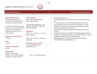 Lopinavir / Ritonavir (LPV/r) | KaletraMD
Pharmacocinétique Grossesse et allaitement
• Catégorie selon la FDA : C
• Le Lopinavir/Ritonavir est sécrété au niveau du lait maternel chez les
rats.
• Le Lopinavir/Ritonavir est un des antirétroviraux de la classe de IP
recommandé chez la femme enceinte. On recommande un dosage
plasmatique du Lopinavir car des concentrations plasmatiques plus
faibles ont été observées au 3e trimestre.
• On recommande d’éviter la posologie uniquotidienne chez la femme
enceinte.
• L’allaitement n’est pas recommandé chez la femme infectée par le VIH.
• Demander aux patientes enceintes ou qui désirent le devenir de consulter
un médecin si elles prennent du Lopinavir/Ritonavir.
• Registre d’exposition aux antirétroviraux pendant la grossesse :
1 800 258-4263 ou www.APRegistry.com.
BIODISPONIBILITÉ ORALE
Pas encore déterminée chez
l’humain. Les comprimés peuvent
être pris avec ou sans nourriture.
La solution orale doit être prise avec
nourriture. La nourriture augmente la
SSC et Cmax du Lopinavir en
solution orale de 80 % et 54 %
respectivement.
DEMI-VIE D’ÉLIMINATION (T ½)
5-6 heures
TMAX
4 heures
LIAISON AUX PROTÉINES
98-99 %
MÉTABOLISME
Substrat : 3A4 (majeur)
Inhibiteur : 3A4 et 2D6 (puissants)
Inducteur : 1A2, 2C9, 2C19, UGT
TRANSPORTEURS
MRP1, MRP2, P-gp, OATP1A2,
OATP1A3 et OATP1B1
Inhibiteurs des transporteurs : P-gp,
MRP2, BCRP, OATP1A2, OATP1B1,
OATP1B3,OATP2B1
ÉLIMINATION
Urine : 10 %; moins de 3 % sous
forme inchangée
Fèces : 83 % dont 20 % sous forme
inchangée
PÉNÉTRATION DANS LE LCR*
Score de pénétration (selon
Letendre 2010) = 3
*LCR : liquide céphalorachidien
104
 