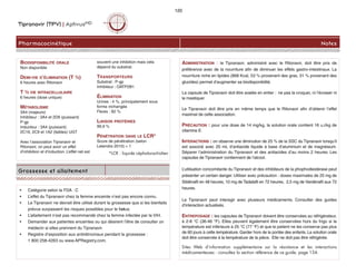 Tipranavir (TPV) | AptivusMD
Pharmacocinétique Notes
Grossesse et allaitement
• Catégorie selon la FDA : C
• L’effet du Tipranavir chez la femme enceinte n’est pas encore connu.
• Le Tipranavir ne devrait être utilisé durant la grossesse que si les bienfaits
prévus surpassent les risques possibles pour le foetus.
• L’allaitement n’est pas recommandé chez la femme infectée par le VIH.
• Demander aux patientes enceintes ou qui désirent l’être de consulter un
médecin si elles prennent du Tipranavir.
• Registre d’exposition aux antirétroviraux pendant la grossesse :
1 800 258-4263 ou www.APRegistry.com.
BIODISPONIBILITÉ ORALE
Non disponible
DEMI-VIE D’ÉLIMINATION (T ½)
6 heures avec Ritonavir
T ½ VIE INTRACELLULAIRE
6 heures (dose unique)
MÉTABOLISME
3A4 (majeurs)
Inhibiteur : 3A4 et 2D6 (puissant)
P-gp
Inducteur : 3A4 (puissant)
2C19, 2C9 et 1A2 (faibles) UGT
Avec l’association Tipranavir et
Ritonavir, on peut avoir un effet
d’inhibition et d’induction. L’effet net est
souvent une inhibition mais cela
dépend du substrat.
TRANSPORTEURS
Substrat : P-gp
Inhibiteur : OATP2B1
ÉLIMINATION
Urines : 4 %, principalement sous
forme inchangée
Fèces : 82 %
LIAISON PROTÉINES
99,9 %
PÉNÉTRATION DANS LE LCR*
Score de pénétration (selon
Letendre 2010) = 1
*LCR : liquide céphalorachidien
120
ADMINISTRATION : le Tipranavir, administré avec le Ritonavir, doit être pris de
préférence avec de la nourriture afin de diminuer les effets gastro-intestinaux. La
nourriture riche en lipides (868 Kcal, 53 % provenant des gras, 31 % provenant des
glucides) permet d’augmenter sa biodisponibilité.
La capsule de Tipranavir doit être avalée en entier : ne pas la croquer, ni l’écraser ni
la mastiquer.
Le Tipranavir doit être pris en même temps que le Ritonavir afin d’obtenir l’effet
maximal de cette association.
PRÉCAUTION : pour une dose de 14 mg/kg, la solution orale contient 16 u.i/kg de
vitamine E.
INTERACTIONS : on observe une diminution de 25 % de la SSC du Tipranavir lorsqu’il
est associé avec 20 mL d’antiacide liquide à base d’aluminium et de magnésium.
Séparer l’administration du Tipranavir et des antiacides d’au moins 2 heures. Les
capsules de Tipranavir contiennent de l’alcool.
L’utilisation concomitante du Tipranavir et des inhibiteurs de la phophodiestérase peut
présenter un certain danger. Utiliser avec précaution : doses maximales de 25 mg de
Sildénafil en 48 heures, 10 mg de Tadalafil en 72 heures, 2,5 mg de Vardénafil aux 72
heures.
Le Tipranavir peut interagir avec plusieurs médicaments. Consulter des guides
d’interaction actualisés.
ENTREPOSAGE : les capsules de Tipranavir doivent être conservées au réfrigérateur,
à 2-8 °C (36-46 °F). Elles peuvent également être conservées hors du frigo si la
température est inférieure à 25 °C (77 °F) et que le patient ne les conserve pas plus
de 60 jours à cette température. Garder hors de la portée des enfants. La solution orale
doit être conservée à la température de la pièce. Elle ne doit pas être réfrigérée.
Sites Web d’information supplémentaire sur la résistance et les interactions
médicamenteuses : consultez la section référence de ce guide, page 134.
 