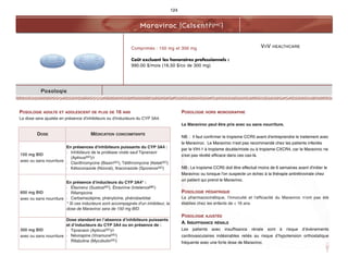 VIIV HEALTHCARE
Maraviroc (CelsentriMC)
Posologie
POSOLOGIE ADULTE ET ADOLESCENT DE PLUS DE 16 ANS
La dose sera ajustée en présence d'inhibiteurs ou d'inducteurs du CYP 3A4.
POSOLOGIE HORS MONOGRAPHIE
Le Maraviroc peut être pris avec ou sans nourriture.
NB. : Il faut confirmer le tropisme CCR5 avant d'entreprendre le traitement avec
le Maraviroc. Le Maraviroc n'est pas recommandé chez les patients infectés
par le VIH-1 à tropisme double/mixte ou à tropisme CXCR4, car le Maraviroc ne
s'est pas révélé efficace dans ces cas-là.
NB.: Le tropisme CCR5 doit être effectué moins de 6 semaines avant d'initier le
Maraviroc ou lorsque l'on suspecte un échec à la thérapie antirétrovirale chez
un patient qui prend le Maraviroc.
POSOLOGIE PÉDIATRIQUE
La pharmacocinétique, l'innocuité et l'efficacité du Maraviroc n'ont pas été
établies chez les enfants de  16 ans.
POSOLOGIE AJUSTÉE
A. INSUFFISANCE RÉNALE
Les patients avec insuffisance rénale sont à risque d’évènements
cardiovasculaires indésirables reliés au risque d’hypotension orthostatique
fréquente avec une forte dose de Maraviroc.
Comprimés : 150 mg et 300 mg
Coût excluant les honoraires professionnels :
990.00 $/mois (16,50 $/co de 300 mg)
124
DOSE MÉDICATION CONCOMITANTE
150 mg BID
avec ou sans nourriture
En présences d'inhibiteurs puissants du CYP 3A4 :
· Inhibiteurs de la protéase virale sauf Tipranavir
(AptivusMD)/r
· Clarithromycine (BiaxinMD), Télithromycine (KetekMD)
· Kétoconazole (Nizoral), Itraconazole (SporanoxMD)
600 mg BID
avec ou sans nourriture
En présence d'inducteurs du CYP 3A4* :
· Éfavirenz (SustivaMD), Étravirine (IntelenceMC)
· Rifampicine
· Carbamazépine, phénytoïne, phénobarbital
* Si ces inducteurs sont accompagnés d'un inhibiteur, la
dose de Maraviroc sera de 150 mg BID.
300 mg BID
avec ou sans nourriture
Dose standard en l’absence d’inhibiteurs puissants
et d’inducteurs du CYP 3A4 ou en présence de :
· Tipranavir (AptivusMD)/r
· Névirapine (ViramuneMD)
· Rifabutine (MycobutinMD)
 