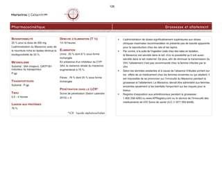 Maraviroc | CelsentriMC
Pharmacocinétique Grossesse et allaitement
BIODISPONIBILITÉ
33 % pour la dose de 300 mg.
L’administration du Maraviroc avec de
la nourriture riche en lipides diminue la
biodisponibilité de 33 %.
MÉTABOLISME
Substrat : 3A4 (majeur), OATP1B1
Inducteur du transporteur
P-gp
TRANSPORTEURS
Substrat : P-gp
TMAX
0,5 - 4 heures
LIAISON AUX PROTÉINES
76 %
DEMI-VIE D’ÉLIMINATION (T ½)
14-18 heures
ÉLIMINATION
Urine : 20 % dont 8 % sous forme
inchangée
En présence d'un inhibiteur du CYP
3A4, la clairance rénale du maraviroc
augmenterait à 70 %.
Fèces : 76 % dont 25 % sous forme
inchangée
PÉNÉTRATION DANS LE LCR*
Score de pénétration (Selon Letendre
2010) = 3
*LCR : liquide céphalorachidien
• L’administration de doses significativement supérieures aux doses
cliniques maximales recommandées ne présente pas de toxicité apparente
pour la reproduction chez les rats et les lapins.
• Par contre, à la suite de l’ingestion orale chez des rates en lactation,
le Maraviroc est sécrété dans le lait, d’où la possibilité qu’il soit aussi
sécrété dans le lait maternel. De plus, afin de diminuer la transmission du
VIH, l'allaitement n'est pas recommandé chez la femme infectée par le
VIH.
• Selon les données existantes et à cause de l’absence d’études portant sur
les effets de ce médicament chez les femmes enceintes ou qui allaitent, il
est impossible de se prononcer sur l’innocuité du Maraviroc pendant la
grossesse et l’allaitement. Le Maraviroc devrait être administré aux femmes
enceintes seulement si les bienfaits l'emportent sur les risques pour le
foetus.
• Registre d’exposition aux antirétroviraux pendant la grossesse :
1 800 258-4263 ou www.APRegistry.com ou le service de l’Innocuité des
médicaments de ViiV Soins de santé ULC (1-877-393-8448).
126
 