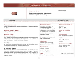 MERCK FROSST
Raltégravir (IsentressMD)
131
Posologie Pharmacocinétique
POSOLOGIE PÉDIATRIQUE
Aucune donnée actuellement disponible pour les enfants et adolescents de moins
de 16 ans.
POSOLOGIE ADULTE ( 16 ANS)
400 mg po BID avec ou sans nourriture
POSOLOGIE AJUSTÉE
A. INSUFFISANCE RÉNALE
Il n’y a pas de différence pharmacocinétique cliniquement significative entre les
patients avec insuffisance rénale grave et les sujets sains. Aucun ajustement de
dose n’est nécessaire en présence d’insuffisance rénale.
Hémodialyse
La concentration du Raltégravir est peu influencée par l’hémodialyse. Aucun
ajustement nécessaire chez les patients sous hémodialyse.
B. INSUFFISANCE HÉPATIQUE
Il n’y a pas de différence pharmacocinétique entre les patients avec une
insuffisance hépatique modérée et les sujets sains. Le Raltégravir n’a pas été
étudié chez les sujets avec insuffisance hépatique grave. Aucun ajustement de
dose n’est nécessaire chez les patients présentant une insuffisance hépatique
légère ou modérée.
BIODISPONIBILITÉ ORALE
L’absorption du Raltégravir est
rapide et la biodisponibilité
approche 32 %. Différents types de
repas peuvent affecter la cinétique
du Raltégravir mais aucune de ces
variations ne semble avoir une
signification clinique.
Le Raltégravir peut êtr e administré
avec ou sans nourriture.
MÉTABOLISME
Substrat : uridine diphosphate
glucuronosyl transférase UGT1A1
TRANSPORTEURS
Substrat : P-gp, OAT1
Inhibiteur : P-gp (faible)
TMAX
3 heures, lorsqu’administré à jeun.
DEMI-VIE D’ÉLIMINATION (T ½)
Biphasique.
Phase 1 : 1 heure
Phase 2 : 9 heures
LIAISON AUX PROTÉINES
83 %
EXCRÉTION RÉNALE
Urine : 32 % dont 9 % sous forme
inchangée
Fèces : 51 % sous forme
inchangée
PÉNÉTRATION DANS LE LCR*
Score de pénétration (selon
Letendre 2010) = 3
*LCR : liquide céphalorachidien
Comprimés : 400 mg
Coût excluant les honoraires professionnels :
690,00 $/mois (11,50 $/co de 400 mg)
 