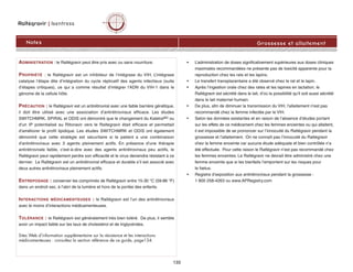 ADMINISTRATION : le Raltégravir peut être pris avec ou sans nourriture.
PROPRIÉTÉ : le Raltégravir est un inhibiteur de l’intégrase du VIH. L’intégrase
catalyse l’étape dite d’intégration du cycle réplicatif des agents infectieux (suite
d’étapes critiques), ce qui a comme résultat d'intégrer l'ADN du VIH-1 dans le
génome de la cellule hôte.
PRÉCAUTION : le Raltégravir est un antirétroviral avec une faible barrière génétique,
il doit être utilisé avec une association d’antirétroviraux efficace. Les études
SWITCHMRK, SPIRAL et ODIS ont démontré que le changement du KaletraMD ou
d'un IP potentialisé au Ritonavir vers le Raltegravir était efficace et permettait
d'améliorer le profil lipidique. Les études SWITCHMRK et ODIS ont également
démontré que cette stratégie est sécuritaire si le patient a une combinaison
d'antirétroviraux avec 3 agents pleinement actifs. En présence d'une thérapie
antirétrovirale faible, c'est-à-dire avec des agents antirétroviraux peu actifs, le
Raltégravir peut rapidement perdre son efficacité et le virus deviendra résistant à ce
dernier. Le Raltégravir est un antirétroviral efficace et durable s’il est associé avec
deux autres antirétroviraux pleinement actifs.
ENTREPOSAGE : conserver les comprimés de Raltégravir entre 15-30 °C (59-86 °F)
dans un endroit sec, à l’abri de la lumière et hors de la portée des enfants.
INTERACTIONS MÉDICAMENTEUSES : le Raltégravir est l’un des antirétroviraux
avec le moins d’interactions médicamenteuses.
TOLÉRANCE : le Raltégravir est généralement très bien toléré. De plus, il semble
avoir un impact faible sur les taux de cholestérol et de triglycérides.
Sites Web d’information supplémentaire sur la résistance et les interactions
médicamenteuses : consultez la section référence de ce guide, page134.
Raltégravir | Isentress
Notes Grossesse et allaitement
• L’administration de doses significativement supérieures aux doses cliniques
maximales recommandées ne présente pas de toxicité apparente pour la
reproduction chez les rats et les lapins.
• Le transfert transplacentaire a été observé chez le rat et le lapin.
• Après l’ingestion orale chez des rates et les lapines en lactation, le
Raltégravir est sécrété dans le lait, d’où la possibilité qu’il soit aussi sécrété
dans le lait maternel humain.
• De plus, afin de diminuer la transmission du VIH, l'allaitement n'est pas
recommandé chez la femme infectée par le VIH.
• Selon les données existantes et en raison de l’absence d’études portant
sur les effets de ce médicament chez les femmes enceintes ou qui allaitent,
il est impossible de se prononcer sur l’innocuité du Raltégravir pendant la
grossesse et l’allaitement. On ne connaît pas l’innocuité du Raltégravir
chez la femme enceinte car aucune étude adéquate et bien contrôlée n’a
été effectuée. Pour cette raison le Raltégravir n’est pas recommandé chez
les femmes enceintes. Le Raltégravir ne devrait être administré chez une
femme enceinte que si les bienfaits l’emportent sur les risques pour
le fœtus.
• Registre d’exposition aux antirétroviraux pendant la grossesse :
1 800 258-4263 ou www.APRegistry.com
133
 