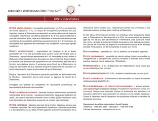 Didanosine entérosoluble (ddI) | Videx ECMC
18
Effets indésirables
EFFETS NEUROLOGIQUES : neuropathie périphérique3 (» 25 %), cas rapportés
de névrite optique (< 1 %). Le risque de neuropathie périphérique est plus
important lorsque la Didanosine est associée à un autre médicament à risque de
neuropathie périphérique. Cet effet se présente de 2 à 6 mois après le début de la
prise de Didanosine. Après l’arrêt de la Didanosine, la diminution et la résolution des
symptômes de neuropathie périphérique peuvent prendre de 1 à 9 semaines. La
neuropathie peut également être irréversible si les symptômes ne sont pas signalés
rapidement.
EFFETS PANCRÉATIQUES : augmentation de l’amylase et de la lipase,
pancréatite2 (1-7 %). Une pancréatite peut survenir durant la thérapie avec la
Didanosine. Les symptômes apparaissent de 1 à 6 mois après la prise. Arrêter la
Didanosine chez les patients avec des signes ou des symptômes de pancréatite.
On observe une résolution des symptômes et une normalisation des tests de la
fonction pancréatique environ 2 semaines après l’arrêt de la Didanosine. Le
risque de pancréatite est plus important lorsque la Didanosine est associée à un
autre médicament à risque de pancréatite tel que la Stavudine.
De plus, l’exposition à la Didanosine augmente quand elle est administrée avec
le Ténofovir. L’exposition accrue peut causer ou aggraver la toxicité de la
Didanosine.
Enseigner aux patients les symptômes de neuropathie périphérique, de
pancréatite et de toxicité mitochondriale1.
EFFETS GASTRO-INTESTINAUX : diarrhée, douleurs abdominales, xérostomie
(sécheresse de la bouche), nausées/vomissements, dysgueusie (altération du
goût). Les patients devraient présenter moins d’effets gastro-intestinaux avec
cette formulation de Didanosine puisqu’elle ne contient pas d’antiacide.
EFFETS HÉPATIQUES : altération des tests de la fonction hépatique et rares cas
d’hépatite5 rapportés. Des cas d’hypertension portale non cirrhotique conduisant
à la transplantation ou au décès ont été rapportés post-commercialisation de la
Didanosine. Dans certains cas, l’hypertension portale non cirrhotique a été
observée plusieurs années après l’arrêt de la Didanosine.
En fait, 42 cas d’hypertension portale non cirrhotique chez des patients traités
avec la Didanosine ont été rapportés à la FDA. Ils concernaient des patients
âgés de 10 à 66 ans, dont 26 hommes et 14 femmes et 2 cas où le sexe n’était
pas connu. La durée du traitement s’étalait de plusieurs mois à plusieurs années.
Les cas ont été confirmés par biopsie et ne présentaient aucune autre étiologie
possible. Trois patients ont été transplantés et quatre sont morts.
EFFETS GÉNÉRAUX : céphalées (21 - 46 %), asthénie, cas d’alopécie rapportés.
EFFETS OPHTALMIQUES : possibilité de névrite optique (vision embrouillée ou
changement de la perception des couleurs). Prudence si associée avec d’autres
agents à risque de névrite optique (ex. : Éthambutol).
HYPERURICÉMIE (2 - 3 %) : la Didanosine est métabolisée en acide urique (par
la voie métabolique des purines).
EFFETS DERMATOLOGIQUES (7 - 9 %) : éruptions cutanées avec ou sans prurit.
EFFETS CARDIAQUES : la Didanosine a été associée à un risque de maladie
cardiovasculaire (étude D.A.D.).
EFFETS MÉTABOLIQUES ET TOXICITÉ MITOCHONDRIALE1 : acidose lactique1
avec hépatomégalie et stéatose hépatique. Possiblement hypertension portale non
cirrhotique. Risque plus important lorsque la didanosine est associée à la
stavudine. Administrer avec précaution en présence d’une maladie hépatique.
Cesser le traitement lors de l'apparition de symptômes cliniques ou résultats de
laboratoire anormaux.
Signalement des effets indésirables à Santé Canada
Téléphone : 1 866 234-2345 | Télécopieur : 1 866 678-6789
Courrier électronique : cadrmp@hc-sc.qc.ca
 