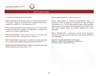 Lamivudine (3TC) | 3TCMD
21
Effets indésirables
La Lamivudine est généralement très bien tolérée.
EFFETS GÉNÉRAUX (effets rapportés lorsque la Lamivudine était associée à
la Zidovudine) : fatigue (27 %), céphalées (35 %), symptômes nasaux (20 %),
myalgies (8 %), insomnie (11 %), étourdissements (10 %)
EFFETS GASTRO-INTESTINAUX (effets rapportés lorsque la Lamivudine était
associée à la Zidovudine) : nausées 33 %, vomissements (13 %), diarrhée (8 %),
anorexie (10 %) et douleur abdominale (9 %)
EFFETS HÉMATOLOGIQUES (effets rapportés lorsque la Lamivudine était
associée à la Zidovudine) : neutropénie (10 %), anémie (4 %)
EFFETS PANCRÉATIQUES : augmentation de l'amylase et de la lipase, pancréatite2
(2 %). L'incidence de pancréatite serait plus importante chez l'enfant (14 %).
NEUROPATHIES PÉRIPHÉRIQUES3 (RARE) : l’incidence de neuropathie périphérique
serait plus importante chez l'enfant (environ 1-15 %)
EFFETS DERMATOLOGIQUES : Éruption cutanée (9 %)
EFFETS MÉTABOLIQUES ET TOXICITÉS MITOCHONDRIALE1 (rares) : la
lamivudine est moins susceptible que les autres INTI de causer de la toxicité
mitochondriale1, car il a un plus faible potentiel d’inhiber la DNA polymérase
mitochondriale. Par contre, des cas ont été rapportés chez la femme enceinte,
parfois fatals, d’acidose lactique1 avec stéatose hépatique avec ou sans
pancréatite.
EFFEST MÉTABOLIQUES : la lamivudine ne cause pas de changement
cliniquement important au niveau de la lipoprotéine lipase de basse densité (LDL)
et des triglycérides.
Signalement des effets indésirables à Santé Canada
Téléphone : 1 866 234-2345 | Télécopieur : 1 866 678-6789
Courrier électronique : cadrmp@hc-sc.qc.ca
 