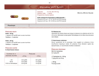 BRISTOL-MYERS SQUIBB
Stavudine (d4T) ZeritMD
24
Posologie
POSOLOGIE ADULTE
Poids < 60 kg
1 capsule à 30 mg BID avec ou sans nourriture
Total/jour : 2 capsules
Poids > 60 kg
1 capsule à 40 mg BID avec ou sans nourriture
Total/jour : 2 capsules
POSOLOGIE AJUSTÉE
A. INSUFFISANCE RÉNALE
B. HÉMODIALYSE
Administrer les mêmes doses que lorsque la clairance à la créatinine est de 10 à
25 mL/min. Administrer la dose après l’hémodialyse et à la même heure les jours
sans dialyse.
C. INSUFFISANCE HÉPATIQUE
Aucun ajustement de la posologie n'est suggéré en présence d'une
insuffisance hépatique stable. En présence d’une élévation rapide des
transaminases, on recommande d’arrêter le traitement.
POSOLOGIE PÉDIATRIQUE
De 0 à 2 semaines
0,5 mg/kg BID
> 2 semaines et < 30 kg
1 mg/kg BID (ad 30 kg)
> 30 kg
Posologie adulte
Capsules : 15, 20, 30 et 40 mg
Solution orale : 1 mg/mL
Programme d’accès spécial
Coût excluant les honoraires professionnels :
Capsules de 30 mg : 271,61 $/mois (4,52 $/capsule)
Capsules de 40 mg : 281,54 $/mois (4,69 $/capsule)
CLAIRANCE DE LA
CRÉATININE (mL/min)
POSOLOGIE
> 60 kg < 60 kg
> 50
26-50
10-25 ou hémodialyse
40 mg BID
20 mg BID
20 mg DIE
30 mg BID
15 mg BID
15 mg DIE
 
