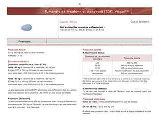 GILEAD SCIENCES
Fumarate de ténofovir et disoproxil (TDF) VireadMD
Posologie
Capsule : 300 mg
Coût excluant les honoraires professionnels :
Capsules de 300 mg : 518,67 $/mois (17,28 $/co)
28
POSOLOGIE ADULTE
1 co à 300 mg DIE avec ou sans nourriture
Total/jour : 1 co
EN ASSOCIATION AVEC
DIDANOSINE ENTÉROSOLUBLE (VIDEX ECMD)
Poids > 60 kg et clairance de la créatinine > 60 mL/min.
i Videx ECMD à 250 mg DIE avec ou sans nourriture
avec repas léger < 400 Kcal (moins de 20 % de matières grasses)
Poids < 60 kg et clairance de la créatinine > 60 mL/min.
i Videx ECMD à 200 mg DIE avec ou sans nourriture
avec repas léger < 400 Kcal (moins de 20 % de matières grasses)
La dose appropriée de Videx ECMD administrée avec le Ténofovir chez les patients
ayant une clairance de la créatinine < 60 ml/min n’a pas encore été établie.
ATAZANAVIR (REYATAZMD)
La dose recommandée est de 300 mg d’Atazanavir avec 100 mg de Ritonavir en
association avec 300 mg de Ténofovir. Le tout doit être pris en une seule dose
avec de la nourriture. Voir Atazanavir.
POSOLOGIE AJUSTÉE
A. INSUFFISANCE RÉNALE
* Généralement administré 1 fois/semaine si le patient a en moyenne 3 séances
de dialyse par semaine d’une durée d’environ 4 heures. Le Ténofovir doit être
administré à la fin de la dialyse.
B. INSUFFISANCE HÉPATIQUE
On ne doit pas changer la dose de Ténofovir chez les patients ayant une
insuffisance hépatique.
POSOLOGIE PÉDIATRIQUE
Moins de 12 ans : l’innocuité et l’efficacité n’ont pas été établies.
De 12 à 18 ans : 1 co à 300 mg DIE
À utiliser avec prudence chez l’enfant étant donné le risque possible de toxicité
osseuse.
CLAIRANCE DE LA CRÉATININE
(mL/min) POSOLOGIE ADULTE
> 50
30-49
10-29
< 10 ml non dialysé
hémodialyse
300 mg DIE
300 mg chaque 48 heures
300 mg deux fois/semaine
Aucune modification de dose disponible
300 mg une fois/semaine*
 