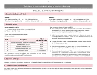 4
Calculs de la fonction rénale et de la fonction hépatique
TFGest (ml/min/1,73 m2) =
175 x [créatinine sérique (umol/L) /88,4]-1,154 x (âge)-0,203 x
(0,742 si femme) x (1,21 si AA)
TFGest : taux de filtration glomérulaire estimée
AA = afro-américain
Des calculateurs Cockcroft-Gault/MDRD sont disponibles au lien suivant :
www.kidney.org/professionals/kdoqi/GFR_calculator.cfm
Mise en garde : Cockcroft-Gault et MDRD
v Ces deux équations de TFG ne donnent pas de bons résultats chez les individus
qui présentent une fonction rénale normale ou près de la normale. Elles sont
plus précises chez les patients qui présentent un TFG faible.
v MDRD est plus précise lorsque le taux de filtration est < 60 cc/min. La formule de
Cockcroft-Gault demeure utile pour adapter les doses de médicaments puisqu’elle
est utilisée dans plusieurs monographies.
v De plus, il faut savoir qu'elles n'ont pas été validées auprès de patients porteurs
du VIH et pour toutes les races.
v Elles ne s'utilisent que pour les patients ayant une fonction rénale stable et ne
jouent aucun rôle en cas d'insuffisance rénale aiguë.
v Il est possible que les équations de TFG ne soient pas fiables pour les patients
qui prennent des suppléments de créatinine, dont la consommation de viande
varie beaucoup ou qui présentent des altérations de masse musculaire ou de
phénotypes, notamment l'amyotrophie, une malnutrition importante et l'obésité.
Stade Description
TFGest
(mL/min/1,73m2)
I Anomalie échographie, hématurie ou protéinurie > 90
II Faible diminution du TFG 60-89
III Diminution modérée du TFG 30-59
IV Diminution importante du TFG 15-29
V Insuffisance rénale < 15 (ou dialyse)
2. Équation MDRD
CALCUL DE LA CLAIRANCE À LA CRÉATININE (mL/min)
1. Équation de Cockcroft-Gault
Homme :
(140 - âge) x poids (kg) x 60 ou (140 - âge) x poids (kg)
49 x créatinine sérique (umol/L) créatinine sérique (umol/L) x 0,8
Femme :
(140 – âge) x poids (kg) x 0,85 x 60 ou (140 - âge) x poids (kg) x 0,85
49 x créatinine sérique (umol/L) créatinine sérique (umol/L) x 0,8
4. Collecte urinaire de 24 heures
Une collecte urinaire de 24 heures bien exécutée permet une estimation plus précise du TFG. Par contre, selon les experts est peu souvent fait en raison de la difficulté et la variabilité
d'exécution par les patients.
3. Équation CKD-epi
L'équation CKD-epi offre une meilleure estimation du TFG que la formule MDRD, spécialement chez les patients avec un TFG plus élevé.
 