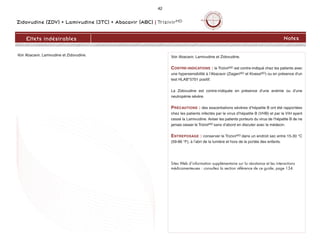 Zidovudine (ZDV) + Lamivudine (3TC) + Abacavir (ABC) | TrizivirMD
42
Voir Abacavir, Lamivudine et Zidovudine.
CONTRE-INDICATIONS : le TrizivirMD est contre-indiqué chez les patients avec
une hypersensibilité à l’Abacavir (ZiagenMD et KivexaMD) ou en présence d'un
test HLAB*5701 positif.
La Zidovudine est contre-indiquée en présence d’une anémie ou d’une
neutropénie sévère.
PRÉCAUTIONS : des exacerbations sévères d’hépatite B ont été rapportées
chez les patients infectés par le virus d’hépatite B (VHB) et par le VIH ayant
cessé la Lamivudine. Aviser les patients porteurs du virus de l’hépatite B de ne
jamais cesser le TrizivirMD sans d’abord en discuter avec le médecin.
ENTREPOSAGE : conserver le TrizivirMD dans un endroit sec entre 15-30 °C
(59-86 °F), à l’abri de la lumière et hors de la portée des enfants.
Sites Web d’information supplémentaire sur la résistance et les interactions
médicamenteuses : consultez la section référence de ce guide, page 134.
Effets indésirables Notes
Voir Abacavir, Lamivudine et Zidovudine.
 