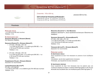 JANSSEN-ORTHO INC.
Étravirine (ETV) IntelenceMC
51
Posologie
POSOLOGIE ADULTE
1 co à 200 mg po BID avec nourriture
Total/jour : 2 co
EN ASSOCIATION AVEC
ATAZANAVIR (REYATAZ) +/- RITONAVIR (NORVIR)
Voir Atazanavir (Reyataz)
DARUNAVIR (PREZISTAMD) + RITONAVIR (NORVIRMD)
1. ETV 200 + DRV 600 + RTV 100
1 co à 200 mg d’ETV BID + 1 co à 600 mg de DRV BID + 1 co
à 100 mg de RTV BID avec nourriture.
Total/jour : 6 co
2. ETV 400 + DRV 800 + RTV 100
2 co à 200 mg d’ETV DIE + 2 co à 400 mg de DRV DIE + 1 co
à 100 mg de RTV DIE avec nourriture.
Total/jour : 5 co
FOSAMPRENAVIR (TELZIR) + RITONAVIR (NORVIR)
Association non recommandée
LOPINAVIR/RTIONAVIR (KALETRAMD)
ETV 200 + LPV/r 400/100
1 co à 200 mg d’ETV BID + 2 co à 200/50 mg de LPV/r BID avec nourriture
Total/jour : 6 co
MARAVIROC (CELSENTRIMD) : VOIR MARAVIROC
Raltégravir (IsentressMD) : Aucun ajustement de dose pour l’Étravirine et le
Raltégravir
SAQUINAVIR (INVIRASEMD) + RITONAVIR(NORVIRMD)
ETV 200 + SQV 1000 + RTV 100
1 co à 200 mg d’ETV BID + 2 co à 500 mg de SQV BID +
1 co à 100 mg de RTV BID avec nourriture.
Total/jour : 8 co
TIPRANAVIR (APTIVUSMD) + RITONAVIR (NORVIRMD)
Association non recommandée
POSOLOGIE AJUSTÉE
A. INSUFFISANCE RÉNALE
Aucun ajustement de dose n’est nécessaire en présence d’une insuffisance
rénale.
Hémodialyse : pas de dose supplémentaire nécessaire.
Péritonéale : pas d’ajustement de dose nécessaire.
B. INSUFFISANCE HÉPATIQUE
Aucun ajustement de dose n’est nécessaire chez les patients avec une
insuffisance hépatique de légère à modérée (Child-Pugh grade A ou B). N’a pas
été étudié chez les patients avec une insuffisance grave (Child-Pugh grade C).
Comprimés : 100 et 200 mg
Coût excluant les honoraires professionnels :
Comprimés de 100 mg : 671,40 $/mois (5,59 $/co)
Comprimés de 200 mg : 654,00 $/mois (10,90 $/co)
 