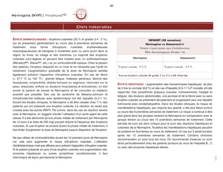 Névirapine (NVP) | ViramuneMD
Effets indésirables
EFFETS DERMATOLOGIQUES : éruptions cutanées (20 % et grades 3-4 : 2 %),
qui se présentent généralement au cours des 6 premières semaines de
traitement sous forme d'éruptions cutanées érythémateuses
maculopapuleuses de bénignes à modérées avec ou sans prurit dans la
région du torse, du visage et des membres. La majorité des éruptions
cutanées sont légères et peuvent être traitées avec un antihistaminique
(BénadrylMD, AtaraxMD, etc.) ou un corticostéroïde topique. Chez la plupart
des patients, l'éruption disparaît en un mois et ne nécessite pas l’arrêt du
traitement. L’augmentation graduelle de la dose de Névirapine semble
également prévenir l’apparition d’éruptions cutanées. En cas de fièvre
( 37,7 °C ou 102 °F), grande fatigue, malaises généraux, lésions des
muqueuses, conjonctivite, ulcères buccaux ou vaginaux, vésicules sur la
peau, ampoules, enflure ou douleurs musculaires et articulaires), on doit
aviser le patient de cesser la Névirapine et de consulter un médecin
aussitôt que possible. Des cas de syndrome de Stevens-Johnson et
d’érythrodermie bulleuse avec épidermolyse ont été signalés (0,3-1 %).
Durant les études cliniques, la Névirapine a dû être cessée chez 7 % des
patients qui ont présenté une éruption cutanée. La réaction ne serait pas
croisée avec les autres INNTI. Par contre, dans les cas de réaction sévère
avec la Névirapine, on suggère d’éviter l’utilisation d’un autre agent de cette
classe. Il a été démontré qu'une phase initiale de traitement par Névirapine
de 14 jours à la dose de 200 mg/j pouvait réduire la fréquence des éruptions
cutanées. Si une éruption se produit durant la phase initiale de traitement, il
faut éviter d'augmenter la dose de Névirapine jusqu'à disparition de l'éruption.
Ne pas utiliser de corticostéroïdes durant les 14 premiers jours de Névirapine
car cela peut augmenter le risque d’éruptions cutanées. L'utilisation
d'antihistaminique n'est pas efficace pour prévenir l'apparition d’éruption cutanée.
Si le patient présente en plus d'une éruption cutanée une augmentation des
enzymes hépatiques ou autres symptômes constitutionnels, il faut
interrompre de façon permanente la Névirapine.
EFFETS HÉPATIQUES : augmentation des transaminases hépatiques de plus
de 5 fois la normale (8,8 %) et des cas d'hépatite (2,5-11 %)5 mortelle ont été
rapportés. Des symptômes grippaux (nausée, vomissements, myalgie et
fatigue), des douleurs abdominales, une jaunisse et de la fièvre avec ou sans
éruption cutanée se présentent abruptement et progressent vers une hépatite
fulminante avec encéphalopathie. Dans les études cliniques, le risque de
manifestations hépatiques, peu importe leur gravité, a été plus élevé surtout
au cours des 6 premières semaines de traitement. Le risque a continué à être
plus grand dans les groupes recevant la Névirapine en comparaison avec le
groupe témoin au cours des 12 premières semaines de traitement. Cette
période de suivi est donc critique pour le suivi des réactions hépatiques et
cutanées de la Névirapine. Toutefois les manifestations hépatiques peuvent
se produire en tout temps au cours du traitement. Un cas sur 3 serait survenu
après les 12 premières semaines de traitement. Certains cliniciens
recommandent un suivi tous les mois. On recommande d'exercer un suivi
étroit particulièrement chez les patients porteurs du virus de l’hépatite B , C
ou avec des enzymes hépatiques élevés.
60
NEWART (48 semaines)
Névirapine vs Atazanavir/r
Patients n’ayant jamais reçu d’antirétroviraux
Effets dermatologiques (Grades 1-4)
Névirapine Atazanavir/r
Éruption cutanée : 9,3 % Éruption cutanée : 3,9 %
Aucune éruption cutanée de grade 3 ou 4 n’a été observée.
 