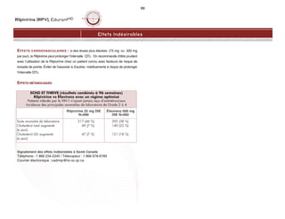 Rilpivirine (RPV), EdurantMD
68
EFFETS CARDIOVASCULAIRES : à des doses plus élevées (75 mg ou 300 mg
par jour), la Rilpivirine peut prolonger l’intervalle QTc. On recommande d’être prudent
avec l’utilisation de la Rilpivirine chez un patient connu avec facteurs de risque de
torsade de pointe. Éviter de l’associer à d’autres médicaments à risque de prolonger
l’intervalle QTc.
EFFETS MÉTABOLIQUES
Signalement des effets indésirables à Santé Canada
Téléphone : 1 866 234-2345 | Télécopieur : 1 866 678-6789
Courrier électronique : cadrmp@hc-sc.qc.ca
Effets Indésirables
ECHO ET THRIVE (résultats combinés à 96 semaines)
Rilpivirine vs Éfavirenz avec un régime optimisé
Patients infectés par le VIH-1 n’ayant jamais reçu d’antirétroviraux
Incidence des principales anomalies de laboratoire de Grade 2 à 4
Rilpivirine 25 mg DIE
N=686
Éfavirenz 600 mg
DIE N=682
Toute anomalie de laboratoire
Cholestérol total augmenté
(à jeun)
Cholestérol LDL augmenté
(à jeun)
317 (46 %)
49 (7 %)
47 (7 %)
395 (38 %)
149 (22 %)
121 (18 %)
 