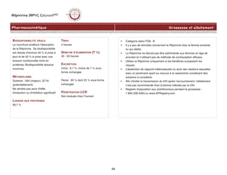 Rilpivirine (RPV), EdurantMD
Pharmacocinétique
69
Grossesse et allaitement
BIODISPONIBILITÉ ORALE
La nourriture améliore l’absorption
de la Rilpivirine. Sa biodisponibilité
est réduite d’environ 40 % si prise à
jeun et de 50 % si prise avec une
boisson nutritionnelle riche en
protéines. Biodisponibilité absolue
inconnue.
MÉTABOLISME
Substrat : 3A4 (majeur), 2C19
(potentiellement)
Ne semble pas avoir d'effet
d'induction ou d'inhibition significatif
LIAISON AUX PROTÉINES
99,7 %
TMAX
4 heures
DEMI-VIE D’ÉLIMINATION (T ½)
45 - 50 heures
EXCRÉTION
Urine : 6,1 %, moins de 1 % sous
forme inchangée
Fèces : 85 % dont 25 % sous forme
inchangée
PÉNÉTRATION LCR
Non évaluée chez l’humain
• Catégorie selon FDA : B
• Il y a peu de données concernant la Rilpivirine chez la femme enceinte
ou qui allaite.
• La Rilpivirine ne devrait pas être administrée aux femmes en âge de
procréer et n’utilisant pas de méthode de contraception efficace.
• Utiliser la Rilpivirine uniquement si les bénéfices surpassent les
risques.
• L’abstention de rapports hétérosexuels ou avoir des relations sexuelles
avec un partenaire ayant eu recours à la vasectomie constituent des
solutions à considérer.
• Afin d’éviter la transmission du VIH après l’accouchement, l’allaitement
n’est pas recommandé chez la femme infectée par le VIH.
• Registre d’exposition aux antirétroviraux pendant la grossesse :
1 800 258-4263 ou www.APRegistry.com
 