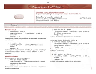 Fosamprénavir (f-APV) TelzirMD
92
Posologie
POSOLOGIE ADULTE
1. f-APV 1400 + RTV 100 ou 200
2 co à 700 mg f-APV DIE + 1 à 2 co à 100 mg RTV DIE avec ou
sans nourriture
Total/jour : 3 - 4 co
Cette posologie n’est pas recommandée chez les patients avec échec antérieur
aux inhibiteurs de la protéase virale.
2. f-APV 700 + RTV 100
1 co à 700 mg f-APV BID + 1 co à 100 mg RTV BID avec ou sans
nourriture
Total/jour : 4 co
Le Fosamprénavir en suspension orale devrait être pris à jeun et au même dosage
que les comprimés (1400 mg = 28 mL de suspension et 700 mg = 14 mL de
suspension).
EN ASSOCIATION AVEC
ÉFAVIRENZ (SUSTIVAMD) ET RITONAVIR (NORVIRMD)
1. f-APV 1400 + RTV 300 + EFV 600
2 co à 700 mg f-APV DIE + 3 co à 100 mg RTV DIE + 1 co à 600 mg
EFV DIE avec ou sans nourriture
Total/jour : 6 co
Cette posologie n’est pas recommandée chez les patients avec échec antérieur
à la thérapie antirétrovirale.
2. f-APV 700 + RTV 100 + EFV 600
1 co à 700 mg f-APV BID + 1 co à 100 mg RTV BID + 1 co à 600 mg
EFV DIE avec ou sans nourriture
Total/jour : 5 co
Un dosage plasmatique du Fosamprénavir est recommandé.
NÉVIRAPINE (VIRAMUNEMD) ET RITONAVIR (NORVIRMD)
1. f-APV 1400 + RTV 200 + NVP 400
2 co à 700 mg f-APV DIE + 2 co à 100 mg RTV DIE + 1 co à 200 mg
NVP BID (ou 2 co à 200 mg DIE)
Total/jour : 6 co
Cette posologie n’est pas recommandée chez les patients avec échec antérieur
à la thérapie antirétrovirale.
2. f-APV 700 + RTV 100 + NVP 200
1 co à 700 mg f-APV BID + 1 co à 100 mg RTV BID + 1 co à 200 mg
NVP BID
Total/jour : 6 co
Un dosage plasmatique du Fosamprénavir est recommandé.
Comprimés : 700 mg de Fosamprénavir calcique
Suspension orale : 50 mg/ml de Fosamprénavir calcique (bouteille de 225 ml)
Coût excluant les honoraires professionnels :
Comprimés de 700 mg : 471,52 $/mois (7,86 $/comprimé)
Solution orale 50 mg/mL : 126,27 $/225 mL
VIIV HEALTHCARE
 