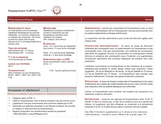 ADMINISTRATION : prendre les comprimées de Fosamprénavir avec ou sans
nourriture. L’administration DIE du Fosamprénavir n’est pas recommandée chez
les patients expérimentés la thérapie antirétrovirale.
La suspension doit être administrée à jeun et elle doit être bien agitée avant
chaque dose.
INTERACTIONS MÉDICAMENTEUSES : en raison du risque de diminution
d'efficacité des contraceptifs oraux, la coadministration du Fosamprénavir et des
contraceptifs oraux n’est pas recommandée. Une méthode de contraception
alternative est suggérée. De plus, la concentration du Fosamprénavir semble
diminuer en présence des contraceptifs oraux. Finalment, une augmentation
cliniquement significative des enzymes hépatiques est possible avec cette
association.
L’utilisation concomitante du Fosamprénavir et des inhibiteurs de la phopho-
diestérase peut présenter un certain danger. Utiliser avec précaution. Doses
suggérées : 25 mg de Sildénafil en 48 heures, 10 mg de Tadalafil en 72 heures,
2,5 mg de Vardénafil aux 72 heures. Le Fosamprénavir peut interagir avec
plusieurs médicaments. Consulter des guides d’interaction actualisés.
PRÉCAUTIONS : le risque de réaction croisée entre le Fosamprénavir et les autres
médicaments de la classe des sulphonamides est inconnu mais il doit être utilisé
avec précaution chez les patients allergiques aux sulfamidés.
L’échec au Fosamprénavir peut entraîner une mutation qui occasionne une
résistance croisée au Darunavir.
ENTREPOSAGE : conserver les capsules de Fosamprénavir entre 15-30 °C
(59-86 °F) dans un endroit sec, à l’abri de la lumière et hors de la portée des
enfants. La suspension doit être réfrigérée ou conservée à la température
ambiante (2 et 30 °C) et jetée 28 jours après l’ouverture. Ne pas congeler.
Sites Web d’information supplémentaire sur la résistance et les interactions
médicamenteuses : consultez la section référence de ce guide, page 134.
Fosamprénavir (f-APV) | TelzirMC
Pharmacocinétique Notes
96
Grossesse et allaitement
• Catégorie selon la FDA : C
• L’effet du Fosamprénavir chez la femme enceinte n’est pas encore connu.
• L’allaitement n’est pas recommandé chez la femme infectée par le VIH.
• Demander aux patientes enceintes ou qui désirent le devenir de consulter
un médecin si elles prennent du Fosamprénavir.
• Registre d’exposition aux antirétroviraux pendant la grossesse :
1 800 258-4263 ou www.APRegistry.com.
BIODISPONIBILITÉ ORALE
Le Fosamprénavir est une prodrogue
rapidement hydrolysée par les enzymes
intestinales. La nourriture n’affecte pas
la cinétique des comprimés. Par contre,
la prise d’un repas riche en gras
diminue de 25 % la biodisponibilité de la
solution orale.
TMAX (EN MOYENNE)
Administration DIE : 2,1 heures
Administration BID : 1,5 heures
T ½ VIE PLASMATIQUE
15-23 heures avec le ritonavir
LIAISON AUX PROTÉINES
90 %
TRANSPORTEURS
Effet d'inhibition sur les transporteurs :
BCRP , MRP1, OATP 1B1, OATP 1B3,
P-gp
MÉTABOLISME
Rapidement et presque complètement
converti à l'amprénavir par des
phosphatases cellulaires dans
l'épithélium de l'intestin
3A4 (majeur), 2C9 (mineur)
ÉLIMINATION
Urine : 14 % sous forme de métabolites
dont environ 1% sous forme inchangée
Fèces : 75 % sous forme de métabolites,
moins de 1 % sous forme inchangée
PÉNÉTRATION DANS LE LCR*
Score de pénétration (selon Letendre
2010) = 3
*LCR : liquide céphalorachidien
 