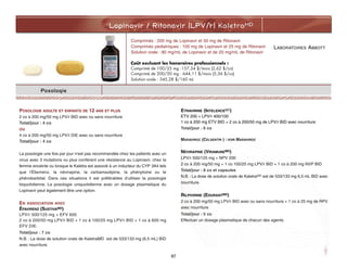 Lopinavir / Ritonavir (LPV/r) KaletraMD
97
Posologie
POSOLOGIE ADULTE ET ENFANTS DE 12 ANS ET PLUS
2 co à 200 mg/50 mg LPV/r BID avec ou sans nourriture
Total/jour : 4 co
OU
4 co à 200 mg/50 mg LPV/r DIE avec ou sans nourriture
Total/jour : 4 co
La posologie une fois par jour n'est pas recommandée chez les patients avec un
virus avec 3 mutations ou plus conférant une résistance au Lopinavir, chez la
femme enceinte ou lorsque le Kaletra est associé à un inducteur du CYP 3A4 tels
que l'Éfavirenz, la névirapine, la carbamazépine, la phénytoine ou le
phénobarbital. Dans ces situations il est préférables d'utiliser la posologie
biquotidienne. La posologie uniquotidienne avec un dosage plasmatique du
Lopinavir peut également être une option.
EN ASSOCIATION AVEC
ÉFAVIRENZ (SUSTIVAMD)
LPV/r 500/125 mg + EFV 600
2 co à 200/50 mg LPV/r BID + 1 co à 100/25 mg LPV/r BID + 1 co à 600 mg
EFV DIE.
Total/jour : 7 co
N.B. : La dose de solution orale de KaletraMD est de 533/133 mg (6,5 mL) BID
avec nourriture.
ETRAVIRINE (INTELENCEMD)
ETV 200 + LPV/r 400/100
1 co à 200 mg ETV BID + 2 co à 200/50 mg de LPV/r BID avec nourriture
Total/jour : 6 co
MARAVIROC (CELSENTRI ) : VOIR MARAVIROC
NÉVIRAPINE (VIRAMUNEMD)
LPV/r 500/125 mg + NPV 200
2 co à 200 mg/50 mg + 1 co 100/25 mg LPV/r BID + 1 co à 200 mg NVP BID
Total/jour : 8 co et capsules
N.B. : La dose de solution orale de KaletraMD est de 533/133 mg 6,5 mL BID avec
nourriture.
RILPIVIRINE (EDURANTMD)
2 co à 200 mg/50 mg LPV/r BID avec ou sans nourriture + 1 co à 25 mg de RPV
avec nourriture
Total/jour : 5 co
Effectuer un dosage plasmatique de chacun des agents.
Comprimés : 200 mg de Lopinavir et 50 mg de Ritonavir
Comprimés pédiatriques : 100 mg de Lopinavir et 25 mg de Ritonavir
Solution orale : 80 mg/mL de Lopinavir et de 20 mg/mL de Ritonavir
Coût excluant les honoraires professionnels :
Comprimé de 100/25 mg :157,34 $/mois (2,62 $/co)
Comprimé de 200/50 mg : 644,11 $/mois (5,36 $/co)
Solution orale : 345,28 $/160 mL
LABORATOIRES ABBOTT
 