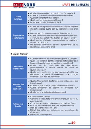 L’ART DU BUSINESS
Page20
Forme
juridique
 Quel est le calendrier de création de l’entreprise ?
 Quelle est/sera la forme juridique de la société ?
 Quel est le montant du capital ?
 Quels sont les représentants légaux ?
 La société a-t-elle été constituée ?
Évolution du
capital social
 Quelle est la répartition actuelle du capital (identité
des actionnaires, quote-part du capital détenue, etc.)
?
 Des pactes d’actionnaires ont-ils été conclus ?
 Quelle sera l’évolution du capital à terme (contrôle,
ouverture du capital, introduction en bourse, etc.) ?
 Quels sont les effets des augmentations de capital en
termes de dilution ?
 Les salariés pourront-ils devenir actionnaires de la
société (stock-options, etc.)
8. Le plan financier
Besoin de
financement
 Quel est le besoin de financement global du projet?
 Quels sont les fonds dont l’entreprise doit disposer pour
financer le projet dans les meilleures conditions?
 Quelle est la destination du financement
(investissements à réaliser, besoin en fonds de
roulement, etc.)?
 Quelle est la quote-part du financement affectée aux
dépenses de publicité/marketing? aux charges
externes ? aux frais de personnel?
Montant des
fonds
recherchés
 Quel est le montant des fonds recherchés auprès des
investisseurs?
 Quel type d’actions est proposé aux investisseurs?
 Quelle proportion de capital est proposée aux
investisseurs?
 Quelle est la valorisation de l’entreprise?
Tableaux à
joindre
 Calendrier des besoins
 Comptes de résultat prévisionnels mensuels sur les 12
premiers mois
 Comptes de résultat prévisionnels annuels sur 5 ans
 Plan de trésorerie mensuel sur les 12 premiers mois
 Plan de financement sur 5 ans
 Détail des délais de paiement, des conditions de
règlement
 Détail des prix de revient
 