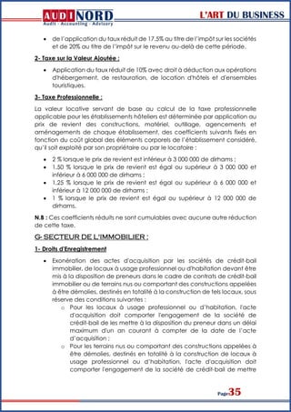 L’ART DU BUSINESS
Page35
 de l’application du taux réduit de 17.5% au titre de l’impôt sur les sociétés
et de 20% au titre de l’impôt sur le revenu au-delà de cette période.
2- Taxe sur la Valeur Ajoutée :
 Application du taux réduit de 10% avec droit à déduction aux opérations
d'hébergement, de restauration, de location d'hôtels et d'ensembles
touristiques.
3- Taxe Professionnelle :
La valeur locative servant de base au calcul de la taxe professionnelle
applicable pour les établissements hôteliers est déterminée par application au
prix de revient des constructions, matériel, outillage, agencements et
aménagements de chaque établissement, des coefficients suivants fixés en
fonction du coût global des éléments corporels de l’établissement considéré,
qu’il soit exploité par son propriétaire ou par le locataire :
 2 % lorsque le prix de revient est inférieur à 3 000 000 de dirhams ;
 1,50 % lorsque le prix de revient est égal ou supérieur à 3 000 000 et
inférieur à 6 000 000 de dirhams ;
 1,25 % lorsque le prix de revient est égal ou supérieur à 6 000 000 et
inférieur à 12 000 000 de dirhams ;
 1 % lorsque le prix de revient est égal ou supérieur à 12 000 000 de
dirhams.
N.B : Ces coefficients réduits ne sont cumulables avec aucune autre réduction
de cette taxe.
G- SECTEUR DE L'IMMOBILIER :
1- Droits d'Enregistrement
 Exonération des actes d'acquisition par les sociétés de crédit-bail
immobilier, de locaux à usage professionnel ou d'habitation devant être
mis à la disposition de preneurs dans le cadre de contrats de crédit-bail
immobilier ou de terrains nus ou comportant des constructions appelées
à être démolies, destinés en totalité à la construction de tels locaux, sous
réserve des conditions suivantes :
o Pour les locaux à usage professionnel ou d’habitation, l'acte
d'acquisition doit comporter l'engagement de la société de
crédit-bail de les mettre à la disposition du preneur dans un délai
maximum d'un an courant à compter de la date de l’acte
d’acquisition ;
o Pour les terrains nus ou comportant des constructions appelées à
être démolies, destinés en totalité à la construction de locaux à
usage professionnel ou d’habitation, l'acte d'acquisition doit
comporter l'engagement de la société de crédit-bail de mettre
 