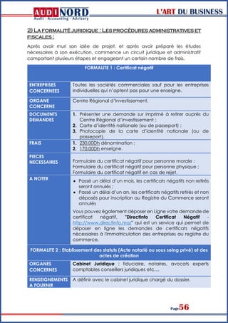 L’ART DU BUSINESS
Page56
2) La formalité juridique : Les procédures administratives et
fiscales :
Après avoir muri son idée de projet, et après avoir préparé les études
nécessaires à son exécution, commence un circuit juridique et administratif
comportant plusieurs étapes et engageant un certain nombre de frais.
FORMALITE 1 : Certificat négatif
ENTREPRISES
CONCERNEES
Toutes les sociétés commerciales sauf pour les entreprises
individuelles qui n’optent pas pour une enseigne.
ORGANE
CONCERNE
Centre Régional d’Investissement.
DOCUMENTS
DEMANDES
1. Présenter une demande sur imprimé à retirer auprès du
Centre Régional d’investissement ;
2. Carte d’identité nationale (ou de passeport) ;
3. Photocopie de la carte d’identité nationale (ou de
passeport).
FRAIS 1. 230,00Dh dénomination ;
2. 170,00Dh enseigne.
PIECES
NECESSAIRES Formulaire du certificat négatif pour personne morale ;
Formulaire du certificat négatif pour personne physique ;
Formulaire du certificat négatif en cas de rejet.
A NOTER
 Passé un délai d’un mois, les certificats négatifs non retirés
seront annulés ;
 Passé un délai d’un an, les certificats négatifs retirés et non
déposés pour inscription au Registre du Commerce seront
annulés
Vous pouvez également déposer en Ligne votre demande de
certificat négatif, "DirectInfo Certificat Négatif -
http://www.directinfo.ma/" qui est un service qui permet de
déposer en ligne les demandes de certificats négatifs
nécessaires à l'immatriculation des entreprises au registre du
commerce.
FORMALITE 2 : Etablissement des statuts (Acte notarié ou sous seing privé) et des
actes de création
ORGANES
CONCERNES
Cabinet Juridique : fiduciaire, notaires, avocats experts
comptables conseillers juridiques etc....
RENSEIGNEMENTS
A FOURNIR
A définir avec le cabinet juridique chargé du dossier.
 
