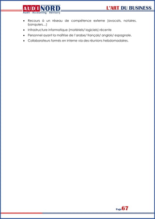 L’ART DU BUSINESS
Page67
 Recours à un réseau de compétence externe (avocats, notaires,
banquiers…)
 Infrastructure informatique (matériels/ logiciels) récente
 Personnel ayant la maîtrise de l’arabe/ français/ anglais/ espagnole.
 Collaborateurs formés en interne via des réunions hebdomadaires.
 