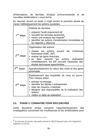 d'informations, de données d'impact                 environnemental       et      de
nouvelles améliorations à court terme.
En résumé, durant un audit, il s'agit durant la première phase de
mener méthodiquement les actions suivantes:
                       Collecte de données:
                       §   préparer l'audit proprement dit
        ère
        1     étape:   §   recueillir les données existantes
                                                            5
                       §   mener une analyse des impacts
                       §   identifier les actions d'amélioration immédiates et
                           les objectifs y afférents
                       Organisation des actions
                       § classer   les actions suivant les incidences
        ème
                         financières (ASIF, AIF)
    2         étape:   § évaluer les gains financiers
                       § en faire ressortir les actions réalisables
                         immédiatement, les AIF pouvant nécessiter des
                         études techniques approfondies.
    ème
    3       étape:     Approfondissement du calcul des coûts et des gains
                       escomptés
                       Etablissement des modalités de mise en œuvre.
                       Pour chaque action:
                       § préciser le phasage
    4
        ème
              étape:   § identifier les tâches à entreprendre
                       § lister les moyens à mobiliser
                       § désigner des responsables de la réalisation des
                         actions
                       § mettre un délai de réalisation


2.2.          PHASE 2: CONNAITRE POUR DECLENCHER

Cette deuxième phase concerne l'approfondissement des
investigations concernant les insuffisances et les améliorations pour



5
  En tant que de besoin, des outils comme le HACCP peuvent alors être largement
exploités à cette fin

                                          16
 