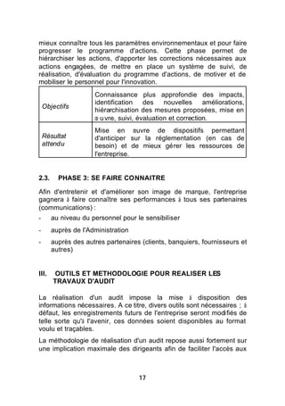 mieux connaître tous les paramètres environnementaux et pour faire
progresser le programme d'actions. Cette phase permet de
hiérarchiser les actions, d'apporter les corrections nécessaires aux
actions engagées, de mettre en place un système de suivi, de
réalisation, d'évaluation du programme d'actions, de motiver et de
mobiliser le personnel pour l'innovation.
                     Connaissance plus approfondie des impacts,
                     identification    des    nouvelles     améliorations,
    Objectifs
                     hiérarchisation des mesures proposées, mise en
                     œ u vre, suivi, évaluation et correction.
                     Mise en œuvre de dispositifs permettant
    Résultat         d'anticiper sur la réglementation (en cas de
    attendu          besoin) et de mieux gérer les ressources de
                     l'entreprise.


2.3.     PHASE 3: SE FAIRE CONNAITRE

Afin d'entretenir et d'améliorer son image de marque, l'entreprise
gagnera à faire connaître ses performances à tous ses partenaires
(communications) :
-      au niveau du personnel pour le sensibiliser
-      auprès de l'Administration
-      auprès des autres partenaires (clients, banquiers, fournisseurs et
       autres)


III.   OUTILS ET METHODOLOGIE POUR REALISER LES
       TRAVAUX D'AUDIT

La réalisation d'un audit impose la mise à disposition des
informations nécessaires. A ce titre, divers outils sont nécessaires ; à
défaut, les enregistrements futurs de l'entreprise seront modifiés de
telle sorte qu'à l'avenir, ces données soient disponibles au format
voulu et traçables.
La méthodologie de réalisation d'un audit repose aussi fortement sur
une implication maximale des dirigeants afin de faciliter l'accès aux



                                    17
 