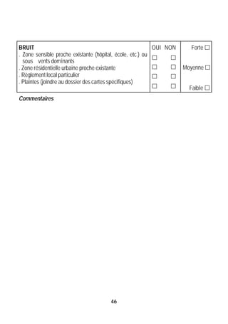 BRUIT                                                      OUI NON     Forte £
. Zone sensible proche existante (hôpital, école, etc.) ou
                                                           £     £
  sous vents dominants
. Zone résidentielle urbaine proche existante              £     £   Moyenne £
. Règlement local particulier                              £     £
. Plaintes (joindre au dossier des cartes spécifiques)
                                                           £     £     Faible £
Commentaires




                                      46
 