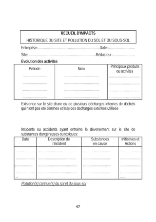 RECUEIL D'IMPACTS
              HISTORIQUE DU SITE ET POLLUTION DU SOL ET DU SOUS-SOL
        Entreprise:...................................................................Date:.............................
        Site: ........................................................................Rédacteur:........................
        Evolution des activités
                                                                                                       Principaux produits
                 Période                                               Nom
                                                                                                             ou activités
          .........................                  ......................................          .................................
          ..........................                 ......................................          .................................
          ...........................                ......................................          .................................
          ..........................                 ......................................          ……………………….
        Existence sur le site d’une ou de plusieurs décharges internes de déchets
        qui n’ont pas été éliminés et liste des décharges externes utilisée




        Incidents ou accidents ayant entraîné le déversement sur le site de
        substances dangereuses ou toxiques:
         Date           Description de            Substances       Initiatives et
                           l’incident              en cause           Actions
  ..................... .........................................        ..............................         ......................
  ..................... .........................................        ..............................         ......................
.....................     ..........................................     ..............................         ......................
  ..................... ..........................................       ..............................         ......................
  ...                                                                                                           ......
        Pollution(s) connue(s) du sol et du sous-sol




                                                                  47
 