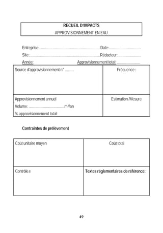RECUEIL D’IMPACTS
                                    APPROVISIONNEMENT EN EAU


      Entreprise:...............................................................Date:.................................
      Site:.........................................................................Rédacteur:........................
      Année:                                             Approvisionnement total: ........................
Source d'approvisionnement n° .........                                                        Fréquence :




Approvisionnement annuel                                                                 Estimation /Mesure
Volume: .....................................m 3/an
% approvisionnement total:


      Contraintes de prélèvement


Coût unitaire moyen                                                                    Coût total




Contrôles                                                        Textes réglementaires de référence:




                                                           49
 