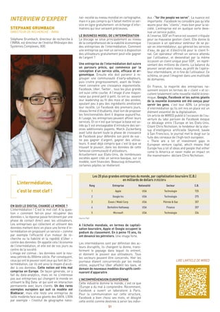 51
dus -“for the people we serve”. La nuance est
importante : Facebook ne considère pas qu’elle
œuvre pour des “clients”, mais bien pour la so-
ciété. L’entreprise est en quelque sorte deve-
nue un service public.
A l’inverse, GDF en France est souvent critiquée
pour sa mauvaise gestion client. Elle donne là
l’occasion à un opérateur extérieur de se po-
ser en intermédiateur, qui gérerait les services
d’eau, de gaz et d’électricité pour le client fi-
nal. Cet opérateur offrirait un service attendu
par l’utilisateur, et deviendrait par la même
occasion un client unique pour GDF, en repré-
sentant des millions de clients. La balance du
pouvoir serait alors revue, au profit de l’opéra-
teur intermédiaire, et in fine de l’utilisateur. Ce
schéma, on peut l’imaginer dans une multitude
de domaines.
En France, la majorité des entreprises rai-
sonnent encore en termes de « client » et oc-
cultent totalement cette nouvelle réalité écono-
mique. Google, Facebook et les autres géants
de la nouvelle économie ont été conçus pour
servir les gens, c’est leur ADN. Le principe
d’intermédiation qu’ils ont mis en place est un
élément essentiel de la digitalisation.
Un article de WIRED publié à l’occasion de l’ou-
verture du labo parisien de Facebook évoque
ce décalage entre l’Europe et les Etats-Unis.
Citant Chris Nicholson, le fondateur de la star-
tup d’intelligence artificielle Skymind, basée
à San Francisco, le journal met le doigt sur la
fuite des cerveaux de l’high-tech européen.
« There are a lot of investment gaps in
European venture capital, which means that
Europe has a lot of ideas and people that either
come to America or never make an impact on
the mainstream» déclare Chris Nicholson.
nal- excelle au niveau mondial en cartographie,
mais n’a pas compris qu’il fallait mettre ce ser-
vice en ligne gratuitement- en échange d’infor-
mations qui leur seraient précieuses.
LE BUSINESS MODEL DE L’INTERMÉDIATION
Le blocage se situe principalement au niveau
de la compréhension de la viabilité économique
des entreprises de l’intermédiation. Comment
une entreprise qui met un service à disposition
des utilisateurs gratuitement peut-elle gagner
de l’argent ?
Une entreprise de l’intermédiation doit suivre
un parcours précis, qui commence par la
conception d’un service utile, efficace et er-
gonomique. Ensuite elle doit parvenir à re-
grouper une communauté d’early-adopteurs,
puis croitre progressivement, avant de finale-
ment connaitre une croissance exponentielle.
Facebook, Uber, Twitter… tous les plus grands
ont suivi cette courbe. A l’image d’une mayon-
naise qui prend petit à petit, ils ont su asseoir
leur leadership au fil des mois et des années,
ajoutant peu à peu des ingrédients améliorant
leur recette. Le Facebook des premiers jours,
réseau fermé d’étudiants, était loin de proposer
les fonctionnalités dont il dispose aujourd’hui.
A l’usage, les entreprises peuvent affiner leurs
services. Et ce n’est que lorsque la base est so-
lide qu’il est envisageable d’introduire des ser-
vices additionnels payants. Marck Zuckerberg
avait lutté durant toute la phase de croissance
de Facebook pour défendre son point de vue :
ne pas gagner d’argent, gagner des utilisa-
teurs. Il avait déjà compris que c’est là que se
trouvait le pouvoir, dans les données de cette
fameuse communauté d’utilisateurs.
Actuellement aux Etats-Unis, de nombreuses
sociétés ayant créé un service basique, sur ce
modèle, sont financées. Beaucoup échoueront,
certaines pépites se révèleront.
Les 20 plus grandes entreprises du monde, par capitalisation boursière (C.B.)
en milliards de dollars 31/03/2014
Rang Entreprise Nationalité Secteur C.B.
1 Apple USA Technologie 725
2 Google Inc USA Technologie 375
3 Exxon / Mobil Corp USA Pétrole & Gaz 357
4 Berkshire Hathaway USA Finance 357
5 Microsoft USA Technologie 334
Source PwC
A l’échelle mondiale, en termes de capitali-
sation boursière, Apple et Google occupent le
podium du classement. En à peine 15 ans, ils
ont devancé les pétroliers. Une image forte.
Les intermédiaires sont par définition des ac-
teurs disruptifs, ils changent la donne, trans-
forment le paysage dans lequel ils entrent,
et donnent le pouvoir aux utilisateurs. Tous
les secteurs peuvent être concernés. Hier les
journaux étaient concurrencés par les media
online, aujourd’hui Uber affaiblit les taxis, et
demain de nouveaux modèles disruptifs conti-
nueront d’apparaitre.
L’INCOMPRÉHENSION EUROPÉENNE
Cette industrie domine le monde, c’est ce que
l’Europe a du mal à comprendre. Récemment,
Facebook a ouvert un laboratoire à Paris.
Pour la communication sur cette structure,
Facebook a bien choisi ses mots, et désigné
cette entité comme destinée à servir les indivi-
INTERVIEW D’EXPERT
STEPHANE GRUMBACH
DIRECTEUR DE RECHERCHE - INRIA
Stéphane Grumbach, directeur de recherche à
l’INRIA, est directeur de l’Institut Rhônalpin des
Systèmes Complexes, IXXI.
L’intermédiation,
c’est le mot clef !
EN QUOI LE DIGITAL CHANGE LE MONDE ?
L’intermédiation ! C’est le mot clef. A la ques-
tion « comment fait-on pour récupérer des
données », la réponse passe forcément par une
phase de contact direct avec les utilisateurs.
Les entreprises qui collectent et utilisent des
données mettent donc en place une forme d’in-
termédiation en proposant un service – comme
par exemple l’efficacité d’un moteur de re-
cherche ou la fiabilité et la rapidité d’Uber –
contre des données. On appelle cela l’économie
de l’intermédiation, et elle est de nos jours au
centre de la société.
L’image est connue : les données sont le nou-
veau pétrole du XXIème siècle. Par conséquent,
ceux qui ont le pouvoir sont ceux qui font de l’in-
termédiation, car ils ont ainsi le moyen d’accé-
der à ces données. Cette notion est très mal
comprise en Europe. De façon générale, on y
fait du data-analytics, mais on ne s’intéresse
pas aux entreprises qui changent le monde en
utilisant le Big Data- et qui sont en interaction
permanente avec leurs clients. Un des rares
exemples européen qui suit ce modèle est
Blablacar, mais elle reste une entreprise de
taille modérée face aux géants des GAFA. L’IGN
par exemple - l’institut de géographie natio-
LIRE L’ARTICLE DE WIRED
 