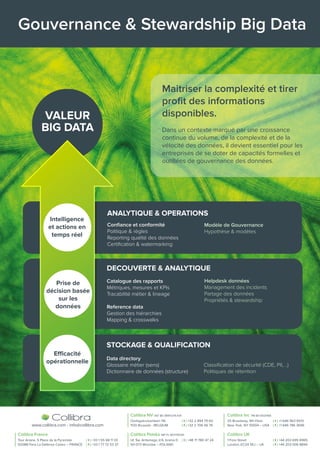 ANALYTIQUE & OPERATIONS
Conﬁance et conformité
Politique & règles
Reporting qualité des données
Certiﬁcation & watermarking
Modèle de Gouvernance
Hypothèse & modèles
DECOUVERTE & ANALYTIQUE
Catalogue des rapports
Métriques, mesures et KPIs
Tracabilité métier & lineage
Reference data
Gestion des hiérarchies
Mapping & crosswalks
Helpdesk données
Management des incidents
Partage des données
Propriétés & stewardship
STOCKAGE & QUALIFICATION
Data directory
Glossaire métier (sens)
Dictionnaire de données (structure)
Classiﬁcation de sécurité (CDE, PII, ..)
Politiques de rétention
Gouvernance & Stewardship Big Data
Maitriser la complexité et tirer
proﬁt des informations
disponibles.
Dans un contexte marqué par une croissance
continue du volume, de la complexité et de la
vélocité des données, il devient essentiel pour les
entreprises de se doter de capacités formelles et
outillées de gouvernance des données.
VALEUR
BIG DATA
Prise de
décision basée
sur les
données
Efficacité
opérationnelle
Intelligence
et actions en
temps réel
 