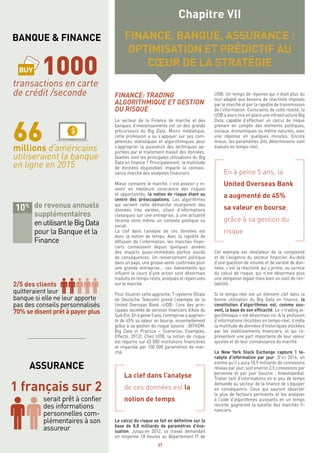 37
FINANCE: TRADING
ALGORITHMIQUE ET GESTION
DU RISQUE
Le secteur de la Finance de marché et des
banques d’investissements est un des grands
précurseurs du Big Data. Moins médiatique,
cette profession a su s’appuyer sur ses com-
pétences statistiques et algorithmiques pour
s’approprier la puissance des techniques ap-
portées par le traitement massif des données.
Quelles sont les principales utilisations du Big
Data en finance ? Principalement, la multitude
de données disponibles impacte la connais-
sance marché des analystes financiers.
Mieux connaitre le marché, c’est pouvoir y in-
vestir en meilleure conscience des risques
et opportunités, la notion de risque étant au
centre des préoccupations. Les algorithmes
qui servent cette démarche incorporent des
données très variées, allant d’informations
classiques sur une entreprise, à une actualité
récente voire même un contexte politique ou
social.
La clef dans l’analyse de ces données est
donc la notion de temps. Avec la rapidité de
diffusion de l’information, les marchés finan-
ciers connaissent depuis quelques années
des impacts quasi-immédiats parfois lourds
de conséquences. Un renversement politique
dans un pays, une grosse vente confirmée pour
une grande entreprise… ces évènements qui
influent le cours d’une action sont désormais
traduits en temps-réels, analysés et répercutés
sur le marché.
Pour illustrer cette approche, T-systems (filiale
de Deutsche Telecom) prend l’exemple de la
United Overseas Bank –UOB- l’une des prin-
cipales sociétés de services financiers d’Asie du
Sud-Est. En à peine 5 ans, l’entreprise a augmen-
té de 45% sa valeur en bourse, essentiellement
grâce à sa gestion du risque (source : BITKOM,
Big Data in Practice – Scenarios, Examples,
Effects, 2012). Chez UOB, la notion de risque
est répartie sur 45 000 institutions financières
et impactée par 100 000 paramètres de mar-
ché.
La clef dans l’analyse
de ces données est la
notion de temps.
Le calcul du risque se fait en définitive sur la
base de 8,8 milliards de paramètres d’éva-
luation. Jusqu’en 2012, ce travail demandait
en moyenne 18 heures au département IT de
UOB. Un temps de réponse qui n’était plus du
tout adapté aux besoins de réactivité imposés
par le marché et par la rapidité de transmission
de l’information. Conscients de cette réalité, la
UOB a alors mis en place une infrastructure Big
Data, capable d’effectuer un calcul de risque
prenant en compte des éléments politiques,
sociaux, économiques ou même naturels, avec
une réponse en quelques minutes. Encore
mieux, les paramètres dits déterminants sont
évalués en temps-réel.
En à peine 5 ans, la
United Overseas Bank
a augmenté de 45%
sa valeur en bourse,
grâce à sa gestion du
risque
Cet exemple est révélateur de la complexité
et de l’exigence du secteur financier. Au-delà
d’une question de volume et de variété de don-
nées, c’est la réactivité qui y prime, au service
du calcul de risque, qui n’est désormais plus
une obligation légale mais bien un outil de ren-
tabilité.
Si le temps-réel est un élément clef dans la
bonne utilisation du Big Data en finance, la
constitution d’algorithmes est, comme sou-
vent, la base de son efficacité. Le « trading al-
gorithmique » est désormais roi. A la profusion
d’informations récoltées en temps-réel, il mêle
la multitude de données d’historiques stockées
par les établissements financiers, et qui re-
présentent une part importante de leur valeur
ajoutée et de leur connaissance du marché.
Le New York Stock Exchange capture 1 te-
rabyte d’information par jour. D’ici 2016, on
estime qu’il y aura 18,9 milliards de connexions
réseau par jour, soit environ 2,5 connexions par
personne et par jour (source : Investopedia).
Traiter tant d’informations en si peu de temps
demande au secteur de la finance de s’équiper
en conséquence. Ceux qui sauront observer
le plus de facteurs pertinents et les analyser
à l’aide d’algorithmes puissants en un temps
records gagneront la bataille des marchés fi-
nanciers.
Chapitre VII
FINANCE, BANQUE, ASSURANCE :
OPTIMISATION ET PRÉDICTIF AU
CŒUR DE LA STRATÉGIE
BANQUE & FINANCE
ASSURANCE
2/5 des clients
quitteraient leur
banque si elle ne leur apporte
pas des conseils personnalisés
70% se disent prêt à payer plus
de revenus annuels
supplémentaires
enutilisantleBigData
pour la Banque et la
Finance
10%
1000transactions en carte
de crédit /seconde
66millions d’américains
utiliseraient la banque
en ligne en 2015
serait prêt à confier
des informations
personnelles com-
plémentaires à son
assureur
1 français sur 2
 