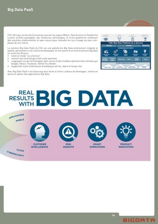 93
Big Data PaaS
CSC offre des service de Consulting couvrant les aspect Métier, Data Science et Plateforme
à partir d’offres packagées, des meilleures technologies, et d’une plateforme combinant
des solutions traditionnelles et open source pour résoudre les cas d’usage les plus com-
plexes de nos clients
La solution Big Data PaaS de CSC est une plateforme Big Data entièrement intégrée et
opérée, permettant à nos clients de développer et tirer partie d’un environnement Big Data
en moins de 30 jours :
•	 livrée en mode “as a Service“
•	 utilisant des technologies web scale avancées
•	 s’appuyant sur des technologies open source et des modèles opérationnels utilisées par
	 Google, Yahoo!, Facebook, Twitter & Linkedin.
•	 Supportant toute combinaison d’analytique ad-hoc, batch et temps réel
Avec Big Data PaaS il est beaucoup plus facile et moins coûteux de développer, mettre en
œuvre et opérer des applications Big Data.
 