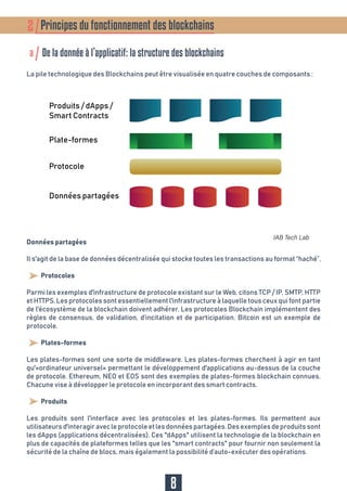 Principes du fonctionnement des blockchains2
a De la donnée à l’applicatif: la structure des blockchains
La pile technologique des Blockchains peut être visualisée en quatre couches de composants :
Données partagées
Il s'agit de la base de données décentralisée qui stocke toutes les transactions au format “haché”.
Protocoles
Parmi les exemples d'infrastructure de protocole existant sur le Web, citons TCP / IP, SMTP, HTTP
et HTTPS. Les protocoles sont essentiellement l'infrastructure à laquelle tous ceux qui font partie
de l'écosystème de la blockchain doivent adhérer. Les protocoles Blockchain implémentent des
règles de consensus, de validation, d’incitation et de participation. Bitcoin est un exemple de
protocole.
Plates-formes
Les plates-formes sont une sorte de middleware. Les plates-formes cherchent à agir en tant
qu'«ordinateur universel» permettant le développement d'applications au-dessus de la couche
de protocole. Ethereum, NEO et EOS sont des exemples de plates-formes blockchain connues.
Chacune vise à développer le protocole en incorporant des smart contracts.
Produits
Les produits sont l'interface avec les protocoles et les plates-formes. Ils permettent aux
utilisateursd'interagiravecleprotocoleetlesdonnéespartagées.Desexemplesdeproduitssont
les dApps (applications décentralisées). Ces "dApps" utilisent la technologie de la blockchain en
plus de capacités de plateformes telles que les "smart contracts" pour fournir non seulement la
sécurité de la chaîne de blocs, mais également la possibilité d’auto-exécuter des opérations.
8
Protocole
Plate-formes
Produits / dApps /
Smart Contracts
Données partagées
 