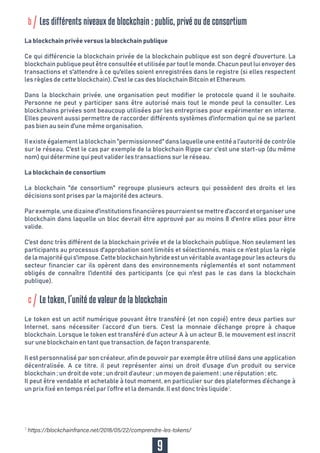 b Les différents niveaux de blockchain : public, privé ou de consortium
c Le token, l’unité de valeur de la blockchain
La blockchain privée versus la blockchain publique
Ce qui différencie la blockchain privée de la blockchain publique est son degré d'ouverture. La
blockchain publique peut être consultée et utilisée par tout le monde. Chacun peut lui envoyer des
transactions et s'attendre à ce qu'elles soient enregistrées dans le registre (si elles respectent
les règles de cette blockchain). C'est le cas des blockchain Bitcoin et Ethereum.
Dans la blockchain privée, une organisation peut modifier le protocole quand il le souhaite.
Personne ne peut y participer sans être autorisé mais tout le monde peut la consulter. Les
blockchains privées sont beaucoup utilisées par les entreprises pour expérimenter en interne.
Elles peuvent aussi permettre de raccorder différents systèmes d'information qui ne se parlent
pas bien au sein d'une même organisation.
Ilexisteégalementlablockchain"permissionned"danslaquelleuneentitéal'autoritédecontrôle
sur le réseau. C'est le cas par exemple de la blockchain Rippe car c'est une start-up (du même
nom) qui détermine qui peut valider les transactions sur le réseau.
La blockchain de consortium
La blockchain "de consortium" regroupe plusieurs acteurs qui possèdent des droits et les
décisions sont prises par la majorité des acteurs.
Parexemple,unedizained'institutionsfinancièrespourraientsemettred'accordetorganiserune
blockchain dans laquelle un bloc devrait être approuvé par au moins 8 d'entre elles pour être
valide.
C'est donc très différent de la blockchain privée et de la blockchain publique. Non seulement les
participants au processus d'approbation sont limités et sélectionnés, mais ce n'est plus la règle
delamajoritéquis'impose.Cetteblockchainhybrideestunvéritableavantagepourlesacteursdu
secteur financier car ils opèrent dans des environnements réglementés et sont notamment
obligés de connaître l'identité des participants (ce qui n'est pas le cas dans la blockchain
publique).
Le token est un actif numérique pouvant être transféré (et non copié) entre deux parties sur
Internet, sans nécessiter l’accord d’un tiers. C’est la monnaie d’échange propre à chaque
blockchain. Lorsque le token est transféré d’un acteur A à un acteur B, le mouvement est inscrit
sur une blockchain en tant que transaction, de façon transparente.
Il est personnalisé par son créateur, afin de pouvoir par exemple être utilisé dans une application
décentralisée. A ce titre, il peut représenter ainsi un droit d’usage d’un produit ou service
blockchain ; un droit de vote ; un droit d’auteur ; un moyen de paiement ; une réputation ; etc.
Il peut être vendable et achetable à tout moment, en particulier sur des plateformes d’échange à
un prix fixé en temps réel par l’offre et la demande. Il est donc très liquide3
.
9
3
 