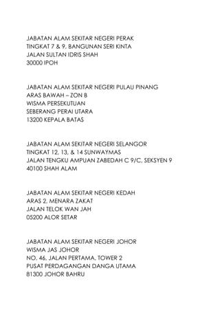 JABATAN ALAM SEKITAR NEGERI PERAK
TINGKAT 7 & 9, BANGUNAN SERI KINTA
JALAN SULTAN IDRIS SHAH
30000 IPOH
JABATAN ALAM SEKITAR NEGERI PULAU PINANG
ARAS BAWAH – ZON B
WISMA PERSEKUTUAN
SEBERANG PERAI UTARA
13200 KEPALA BATAS
JABATAN ALAM SEKITAR NEGERI SELANGOR
TINGKAT 12, 13, & 14 SUNWAYMAS
JALAN TENGKU AMPUAN ZABEDAH C 9/C, SEKSYEN 9
40100 SHAH ALAM
JABATAN ALAM SEKITAR NEGERI KEDAH
ARAS 2, MENARA ZAKAT
JALAN TELOK WAN JAH
05200 ALOR SETAR
JABATAN ALAM SEKITAR NEGERI JOHOR
WISMA JAS JOHOR
NO. 46, JALAN PERTAMA, TOWER 2
PUSAT PERDAGANGAN DANGA UTAMA
81300 JOHOR BAHRU
 